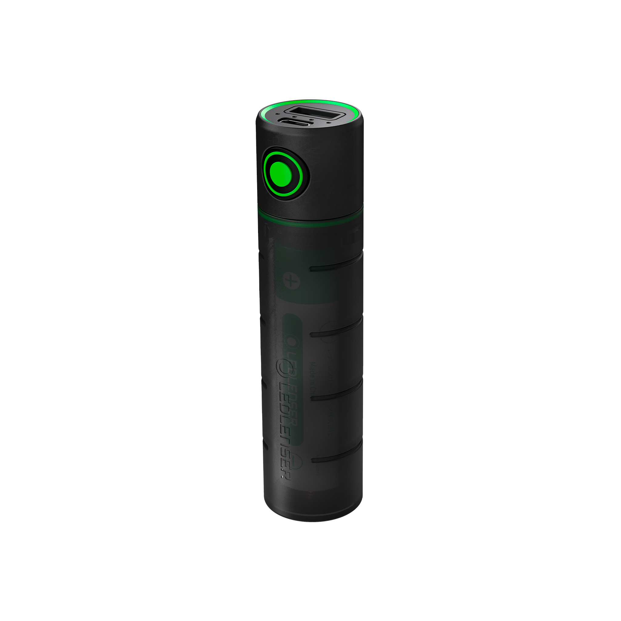 Ledlenser Flex3 Powerbank black cylindrical rechargeable power bank with a green ring LED indicator and USB ports on the top upright view