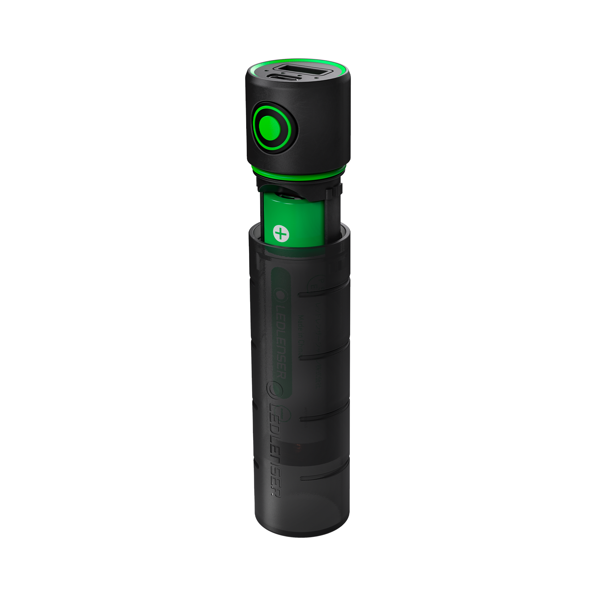 Flex3 Powerbank Ledlenser compact rechargeable battery with green cell and USB ports visible on top in a black cylindrical housing