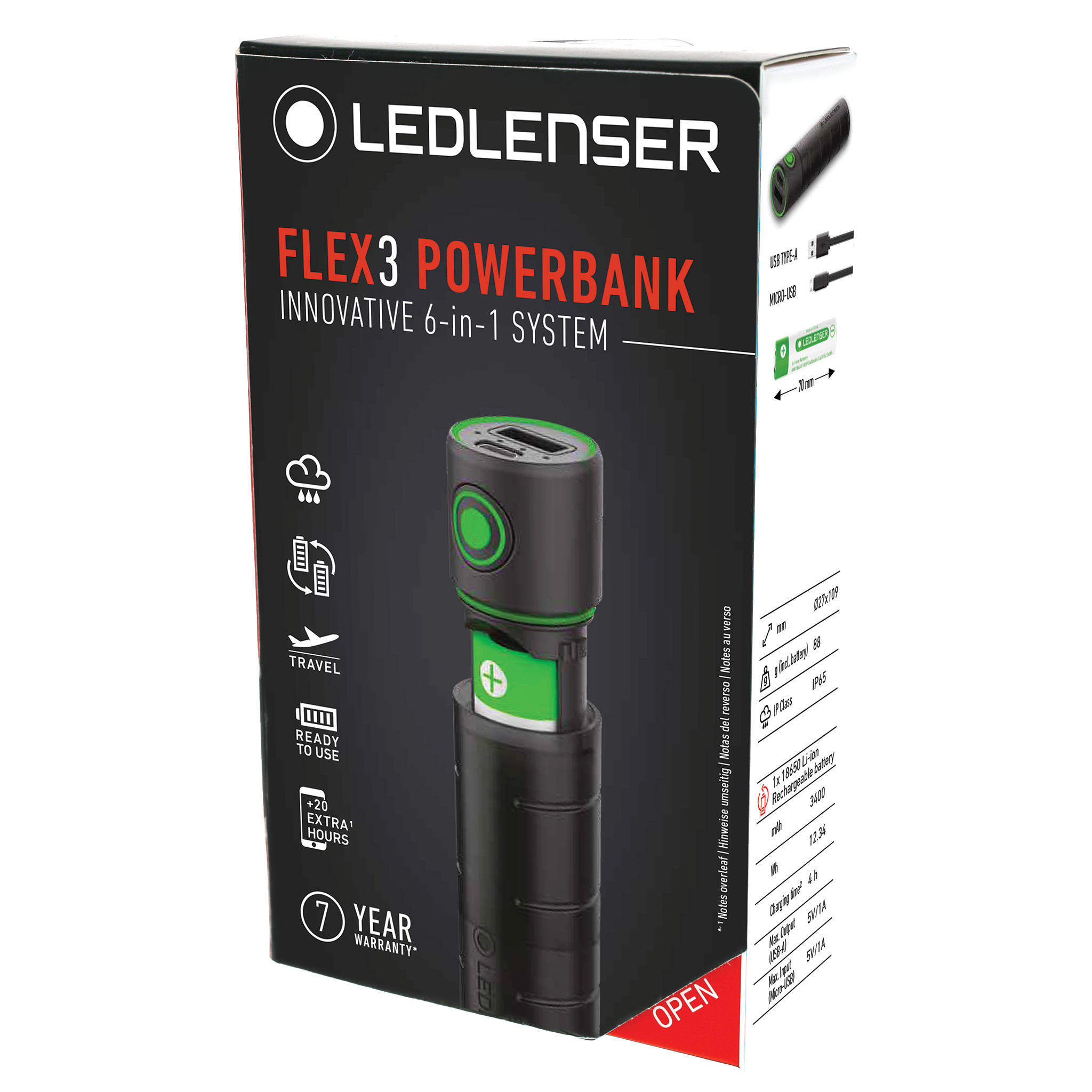 Ledlenser Flex3 Powerbank packaging image showing a black box with red FLEX3 POWERBANK text and a green accented 6 in 1 powerbank device inside the box