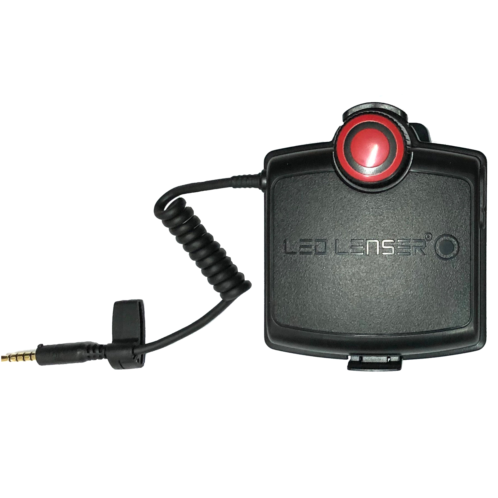 H14R 2 Headlamp Battery Case by Ledlenser black rectangular battery housing with red circular access connected coiled cable and 3 5mm plug