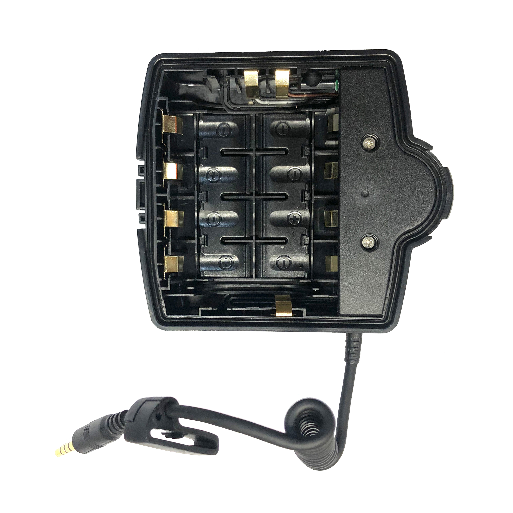 H14R 2 Headlamp Battery Case by Ledlenser showing empty battery tray with multiple slots and attached charging lead
