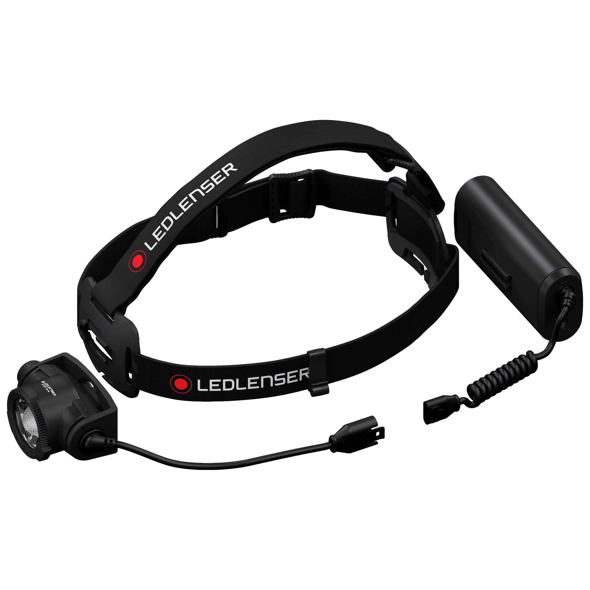 Ledlenser H15R Core headlamp with rechargeable battery pack and adjustable strap front mounted light and charging cable visible