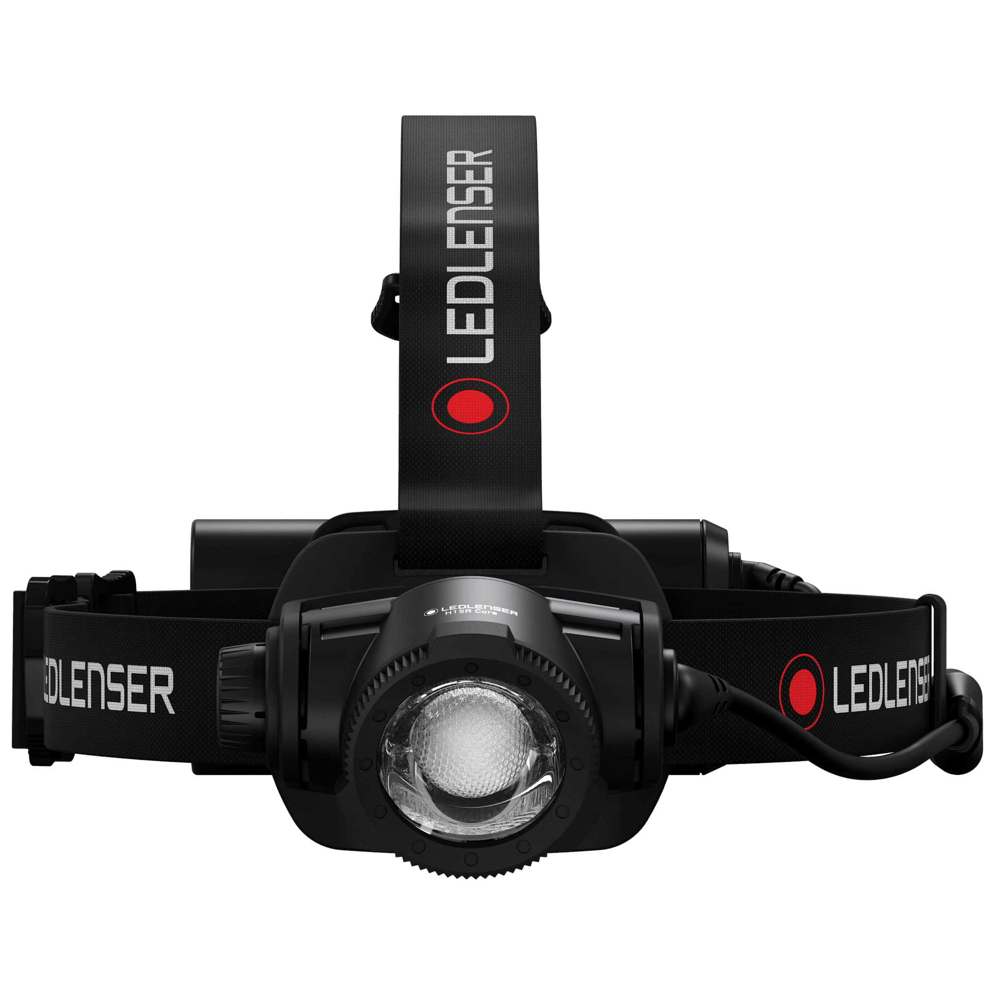 Ledlenser H15R Core Headlamp shown from front with black adjustable head strap featuring red Ledlenser logo and central light module