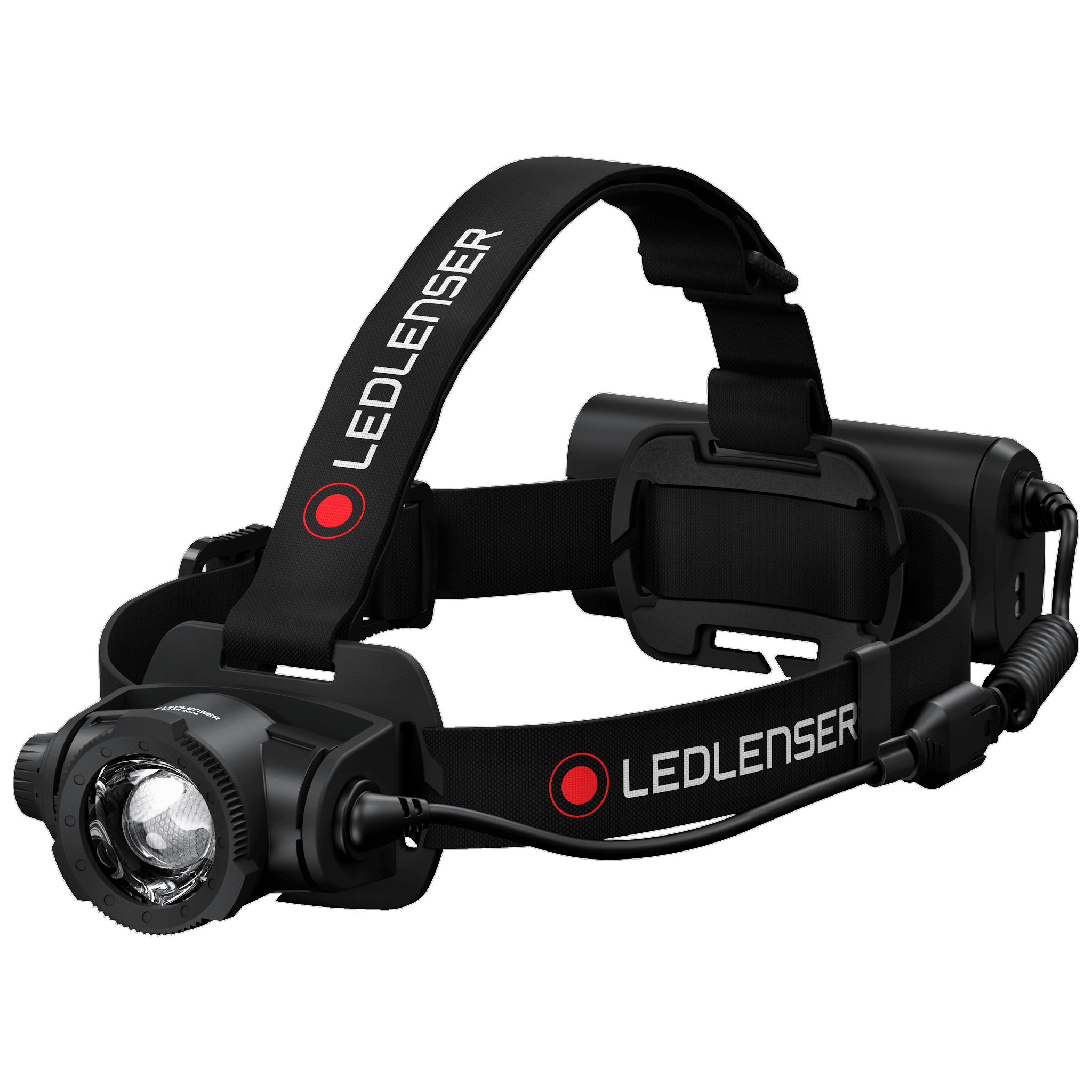 Ledlenser H15R Core Headlamp with adjustable black headband front mounted rechargeable light unit and rear battery pack
