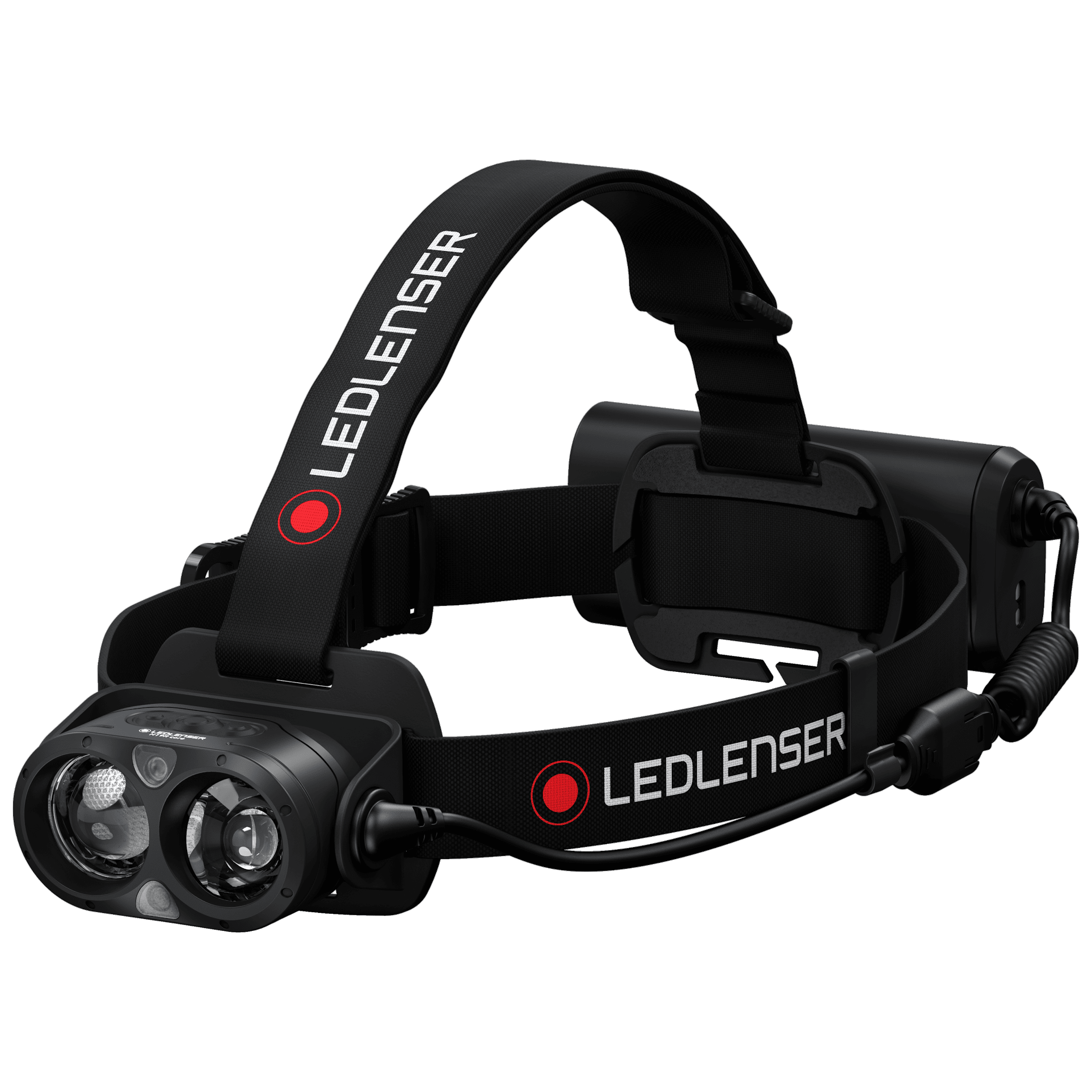 Ledlenser H19R Core Headlamp mounted on headband with dual LED lenses and battery pack on the back of the strap