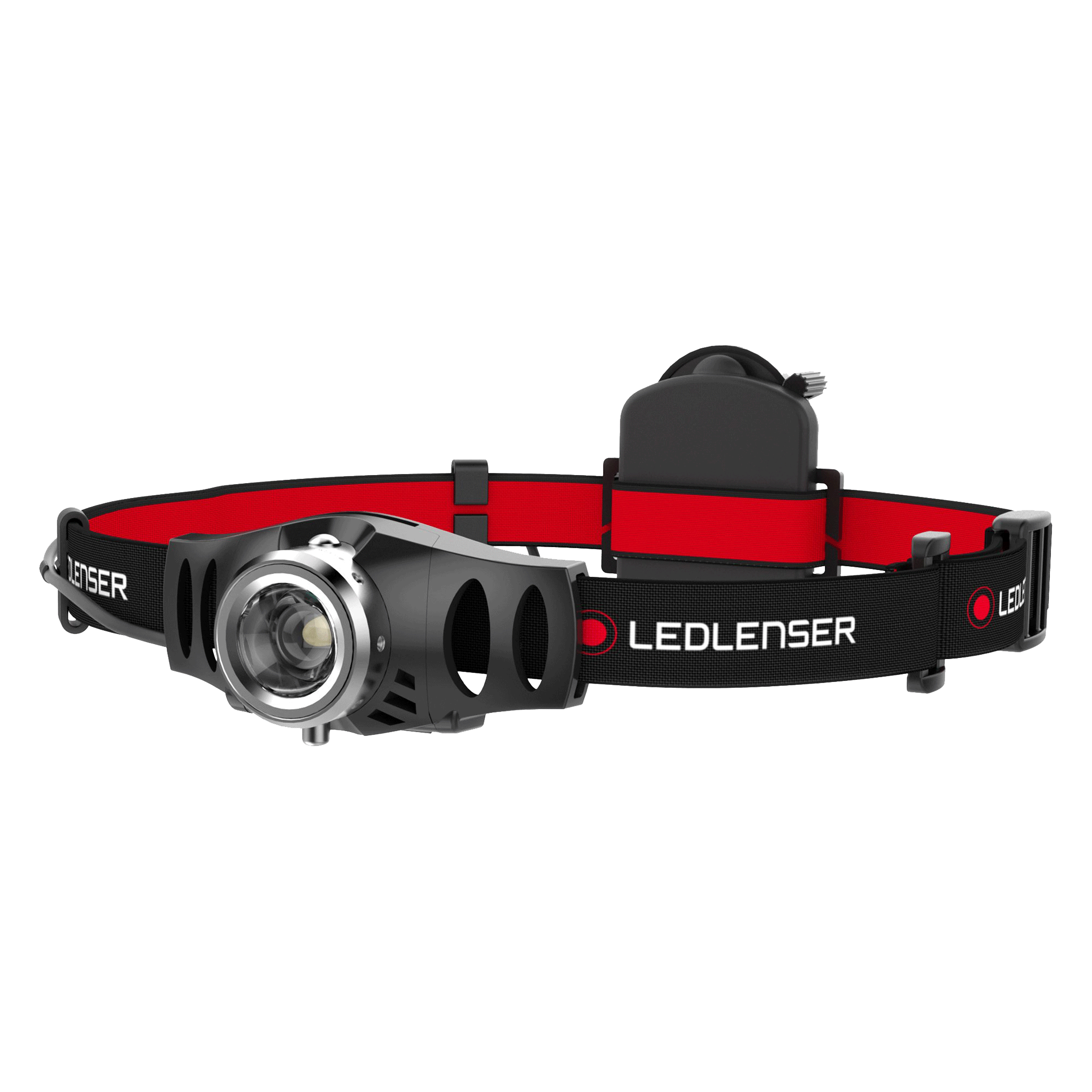 Ledlenser H3 2 Battery Operated Headlamp with black and red adjustable headband and rear battery pack front light housing visible