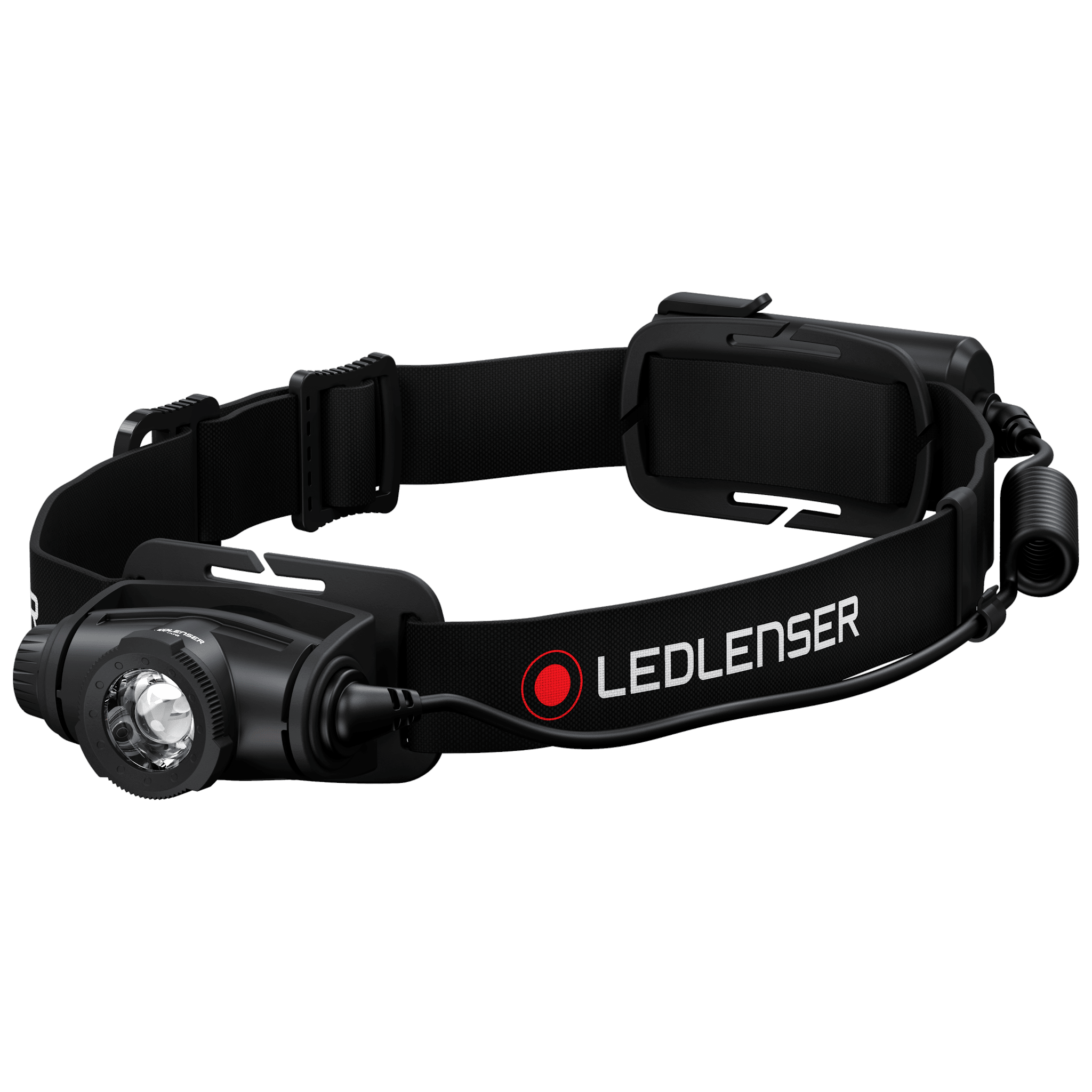 Ledlenser H5 Core Headlamp with adjustable black head strap and external battery pack connected by cable