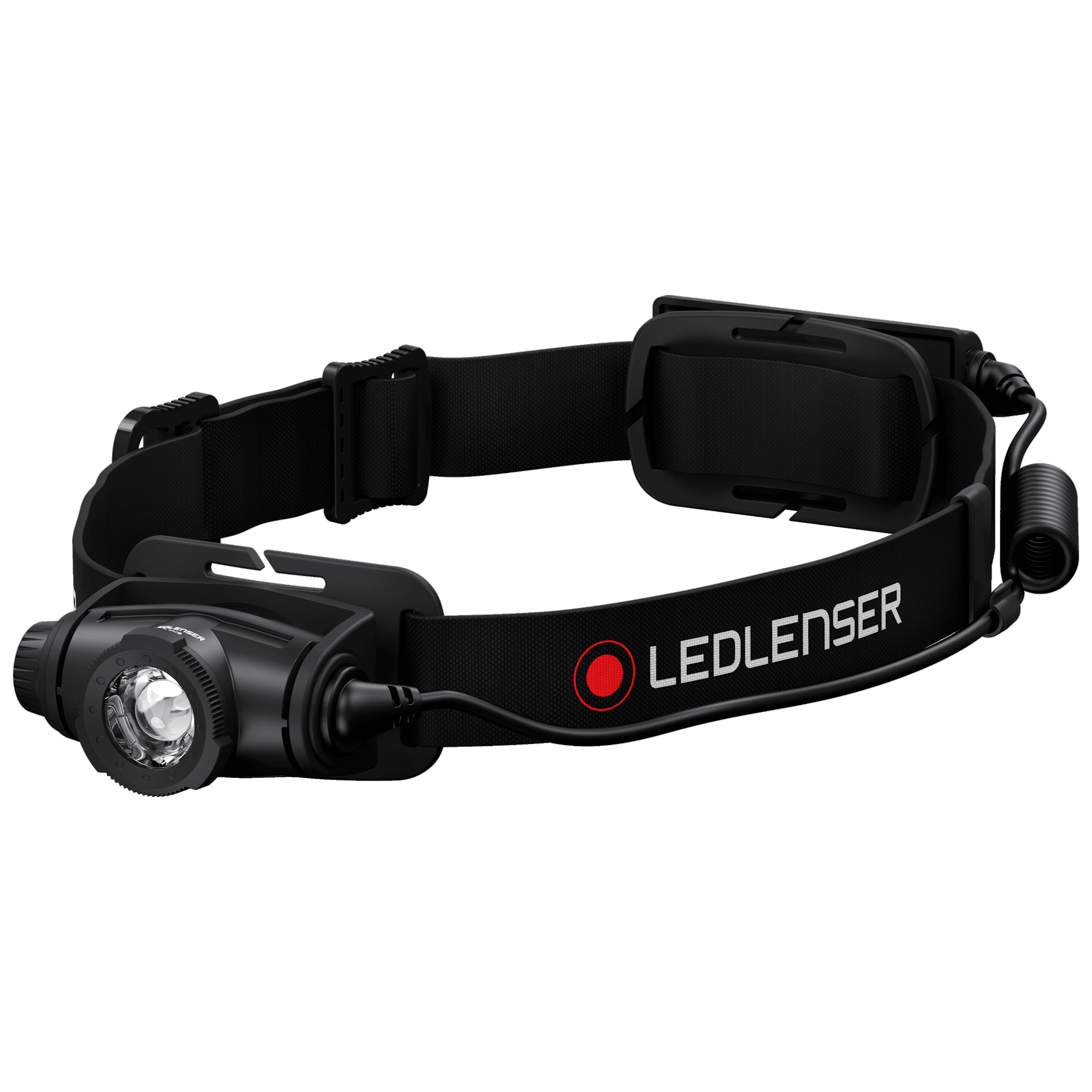 Ledlenser H5R Core headlamp with black adjustable head strap and front LED module mounted on the strap
