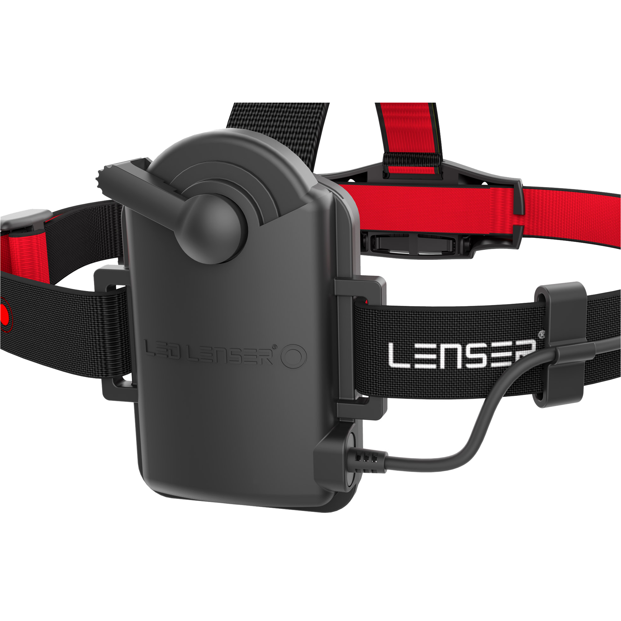 Ledlenser H6R Headlamp with adjustable black and red headband front mounted battery pack and attached charging cable