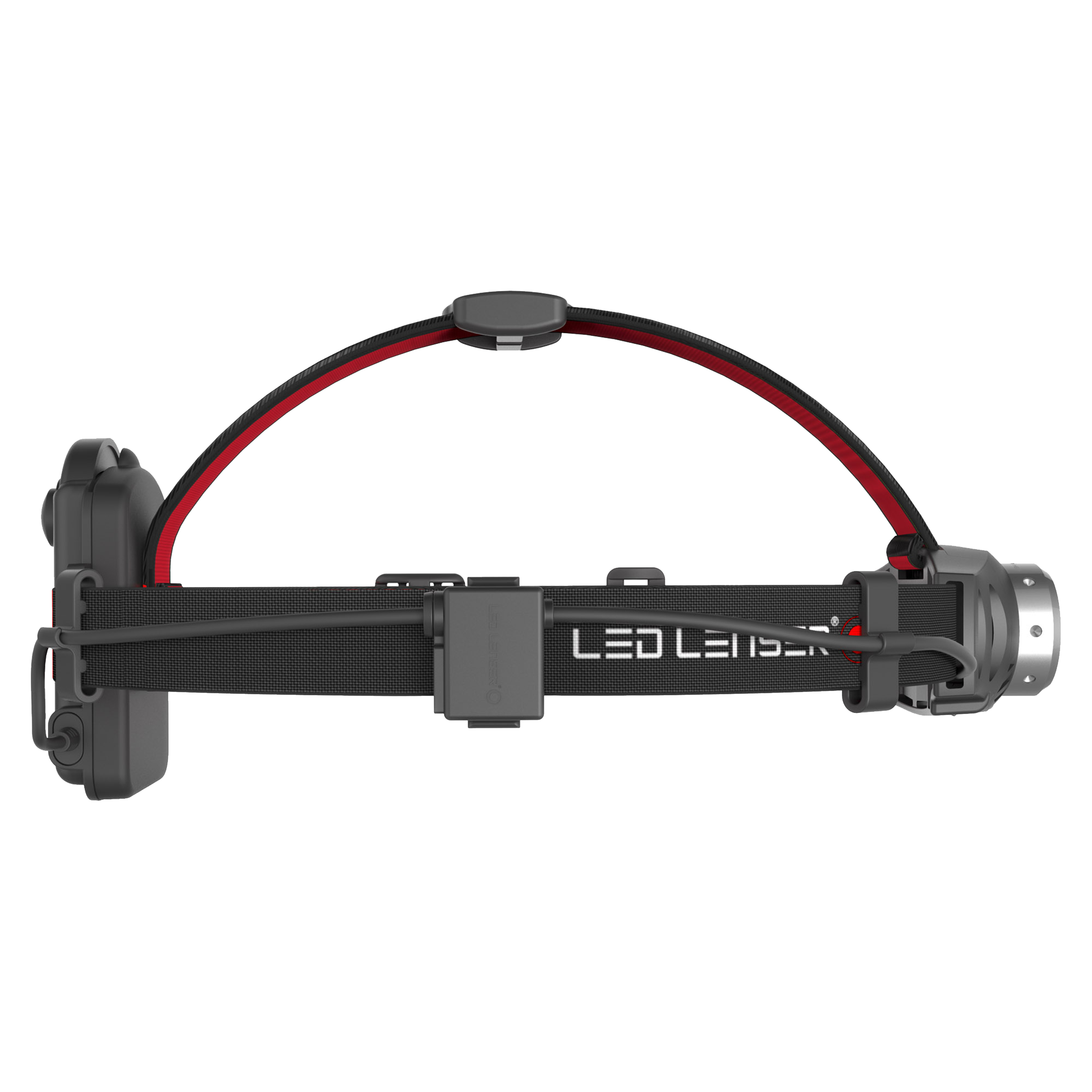 Ledlenser H6R headlamp mounted on a black adjustable headband with a red inner stripe and a battery pack on the left