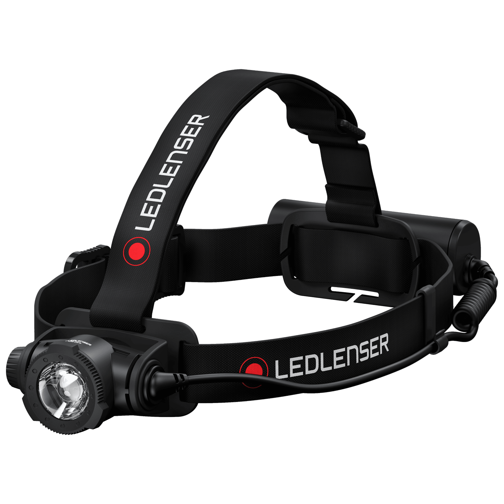 Ledlenser H7R Core headlamp with adjustable black headband and back battery housing front optic visible and connected cable