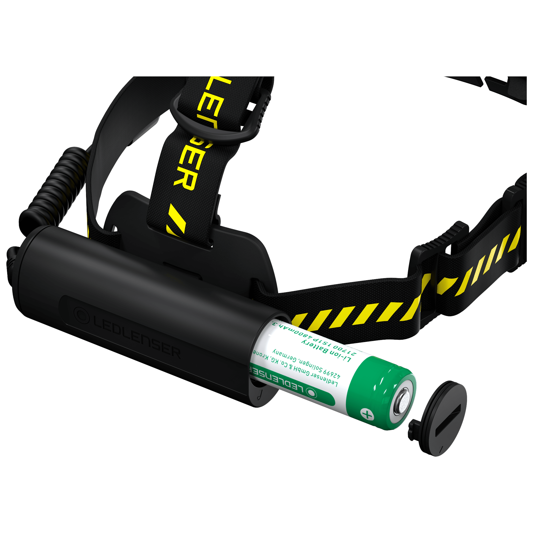 Ledlenser H7R Work Headlamp with rechargeable battery shown mounted on black head strap with yellow safety stripes side view