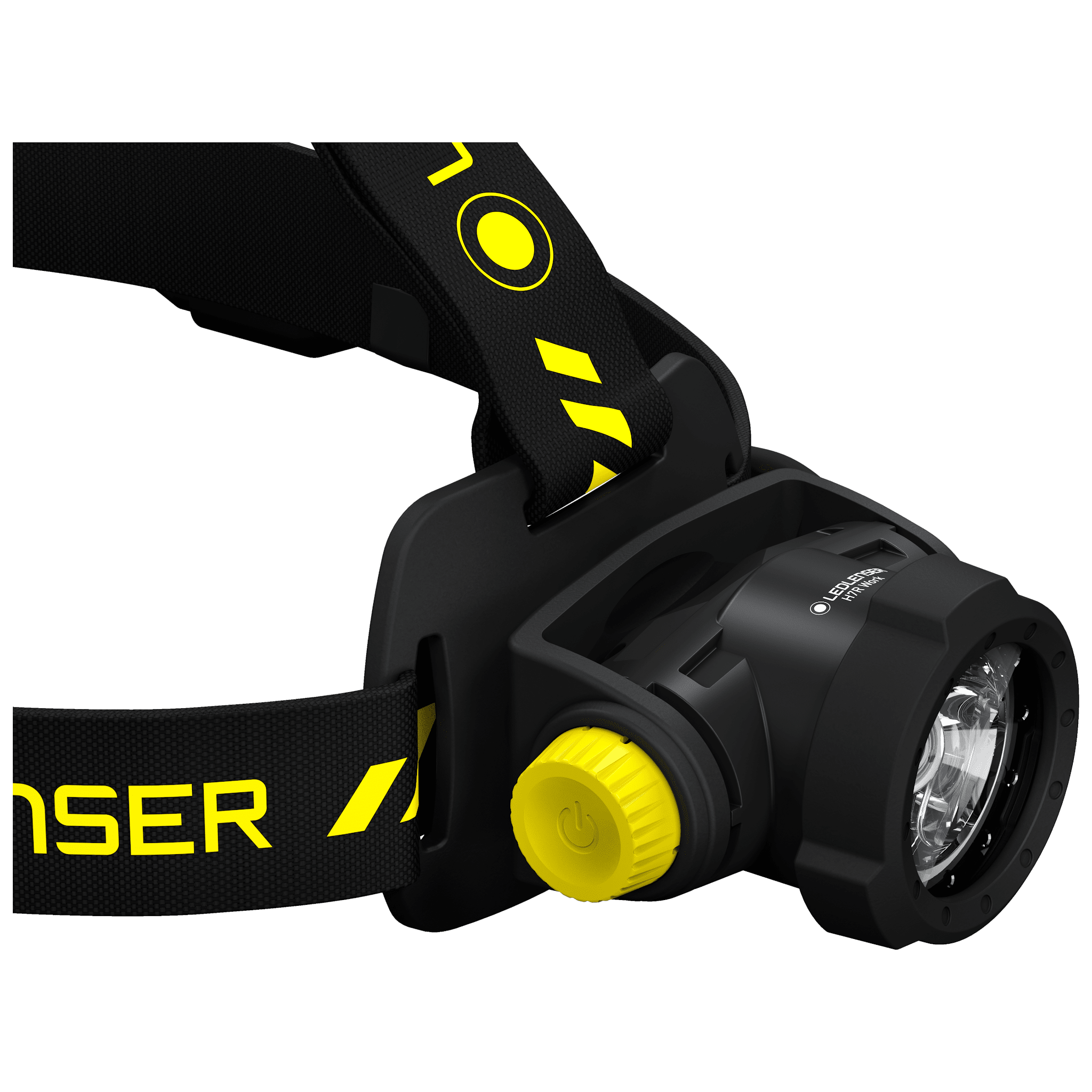 Ledlenser H7R Work Headlamp with black and yellow adjustable headband and front torch housing viewed from a side angle