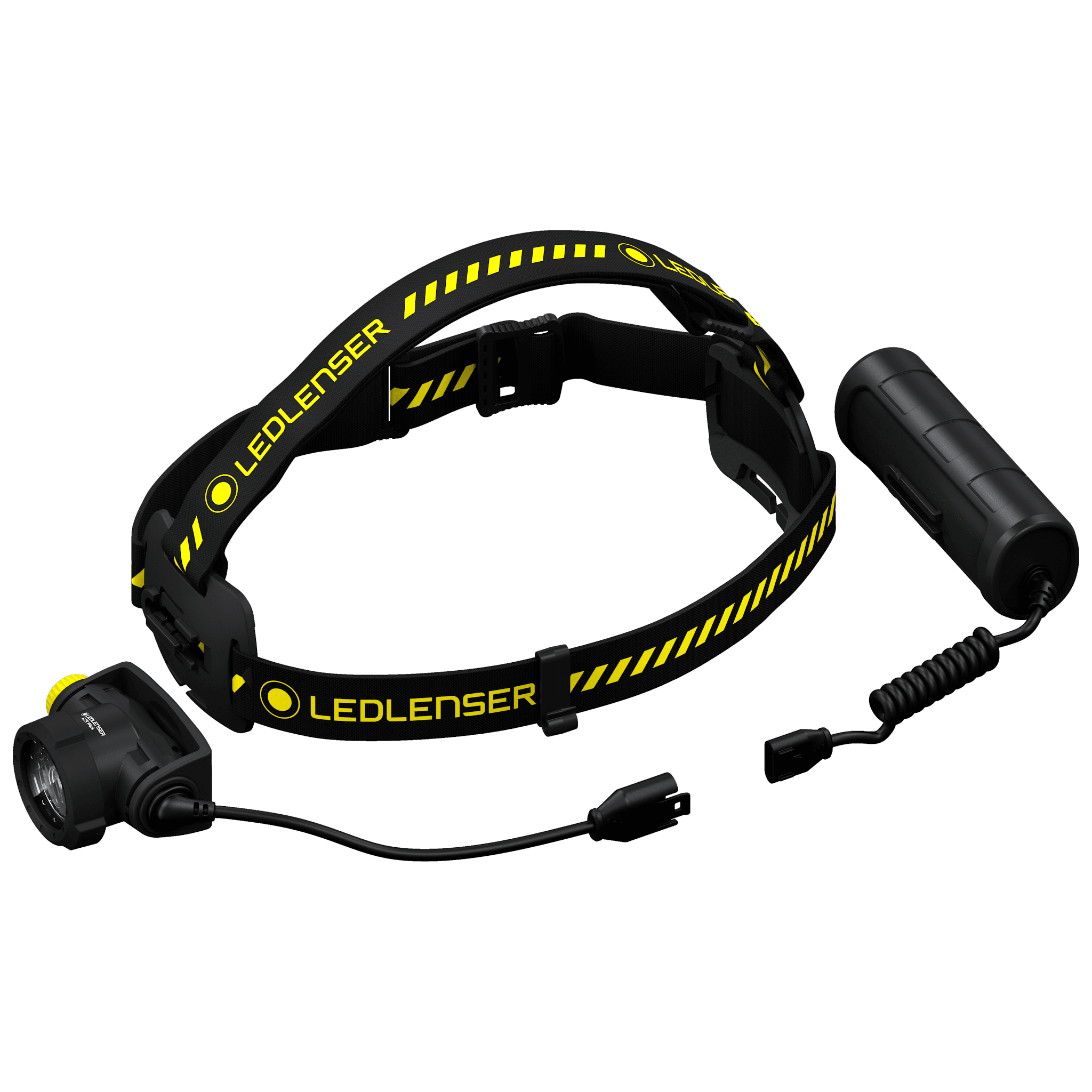 Ledlenser H7R Work Headlamp with black and yellow head strap detachable battery pack and charging cable