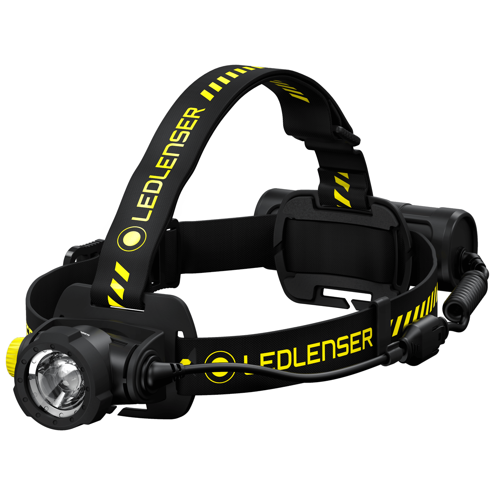 H7R Work Headlamp worn on head with black and yellow headband front lamp housing and rear battery pack visible
