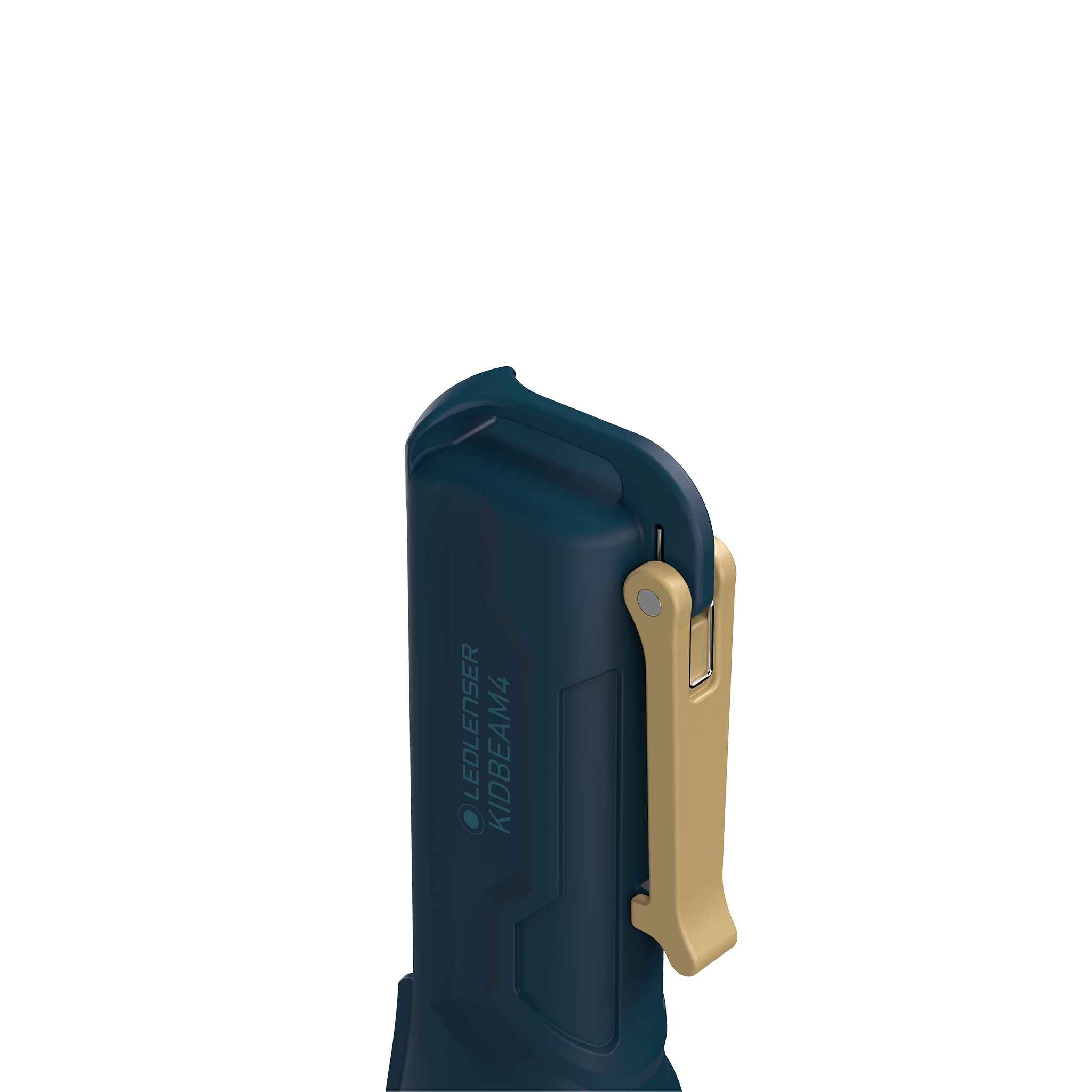 Ledlenser Kidbeam4 Torch in blue with gold clip shown in side angle view