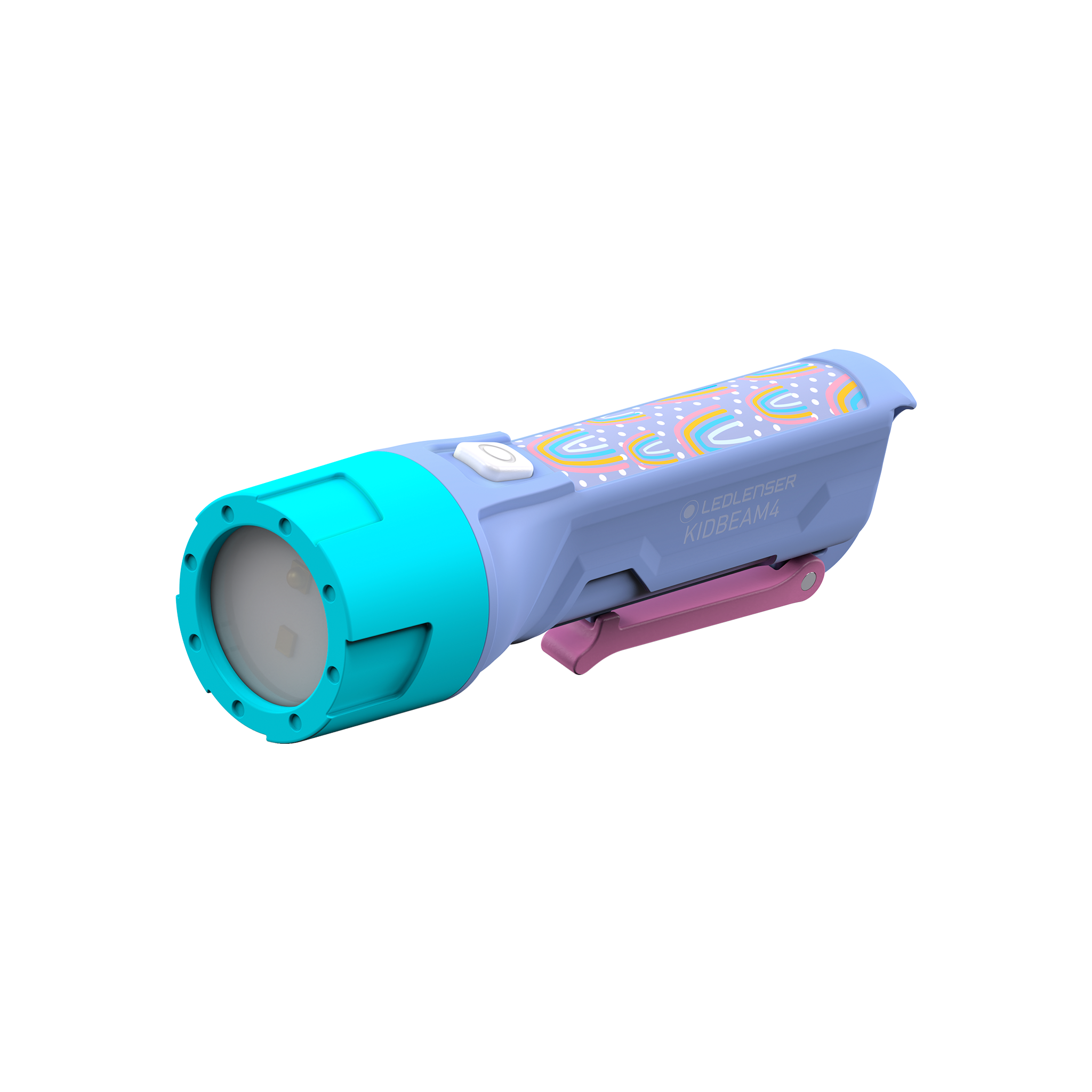 Kidbeam4 Torch a battery operated child’s flashlight with blue body turquoise head and pink clip shown from side