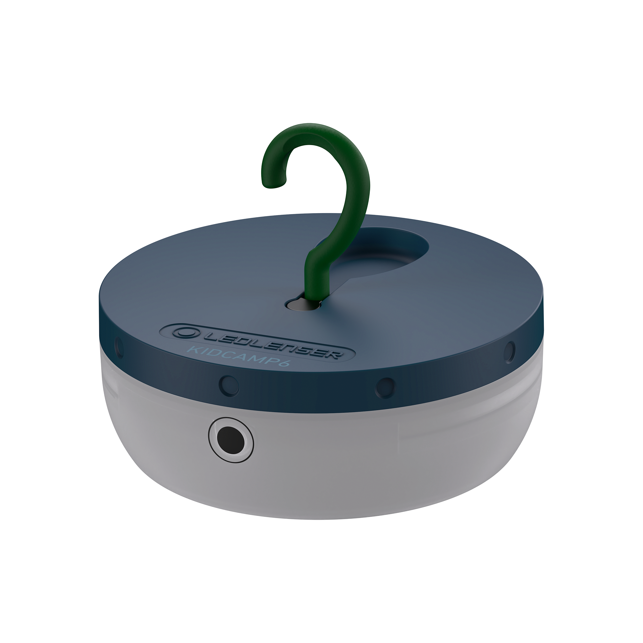 Ledlenser Kidcamp6 lantern with blue top and gray base green hanging hook shown from a side angle ready to hang