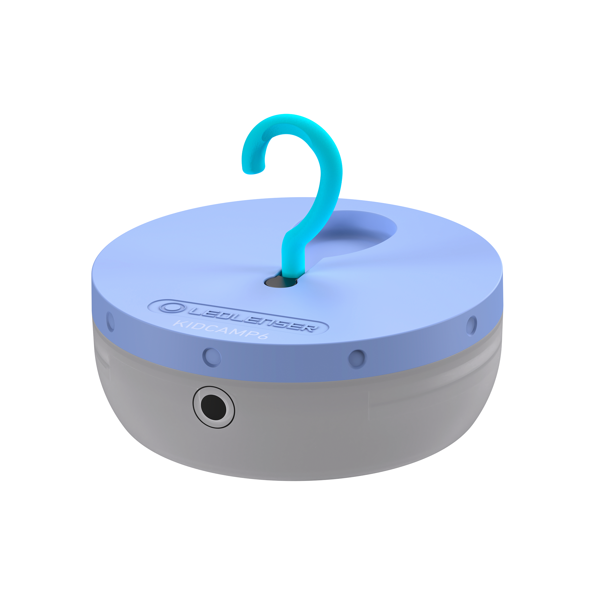 Ledlenser Kidcamp6 Lantern with blue top and gray base hanging hook on lid; battery operated children's lantern