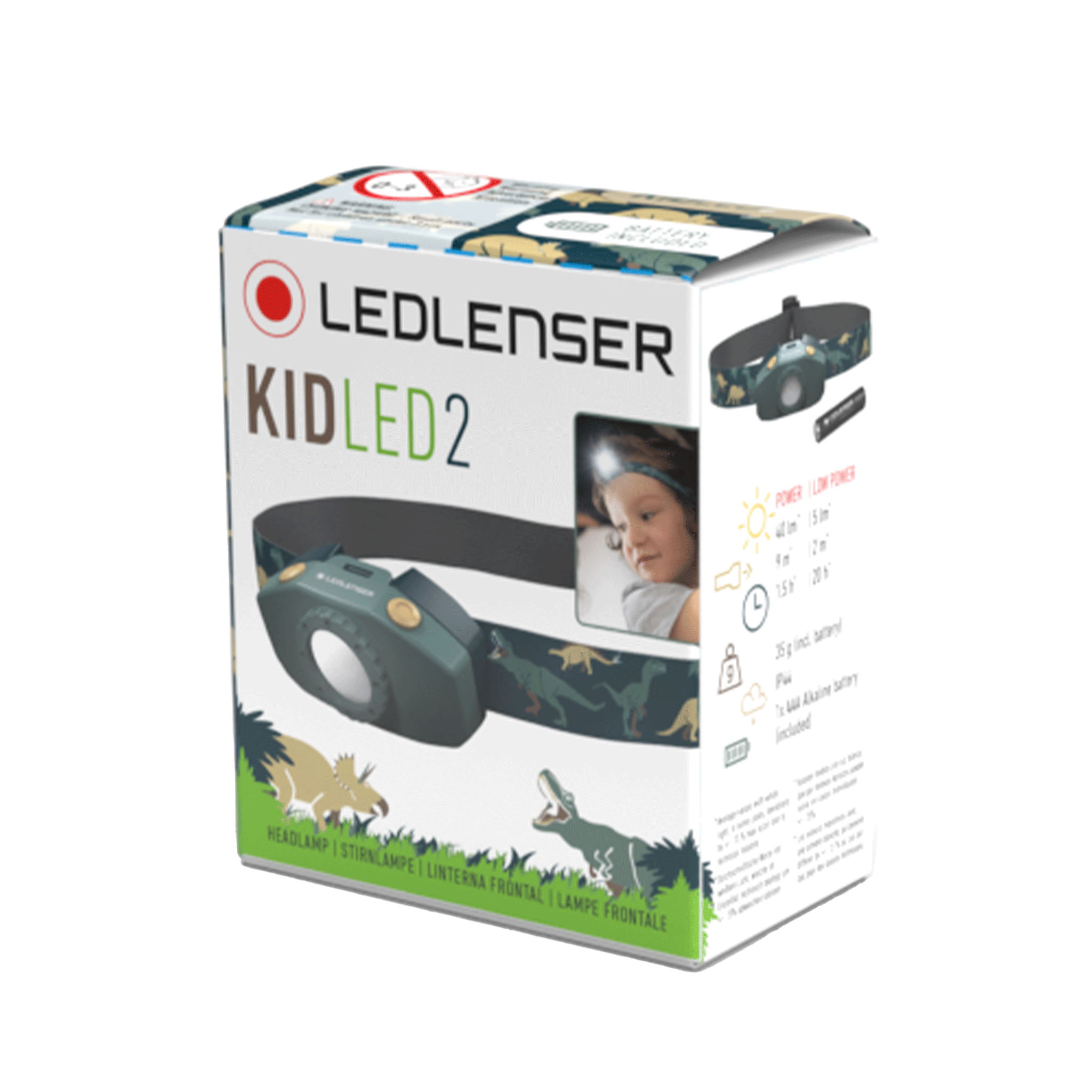 KidLED2 Headlamp packaging box by Ledlenser featuring a headlamp image child wearing it and a green jungle motif on a white background