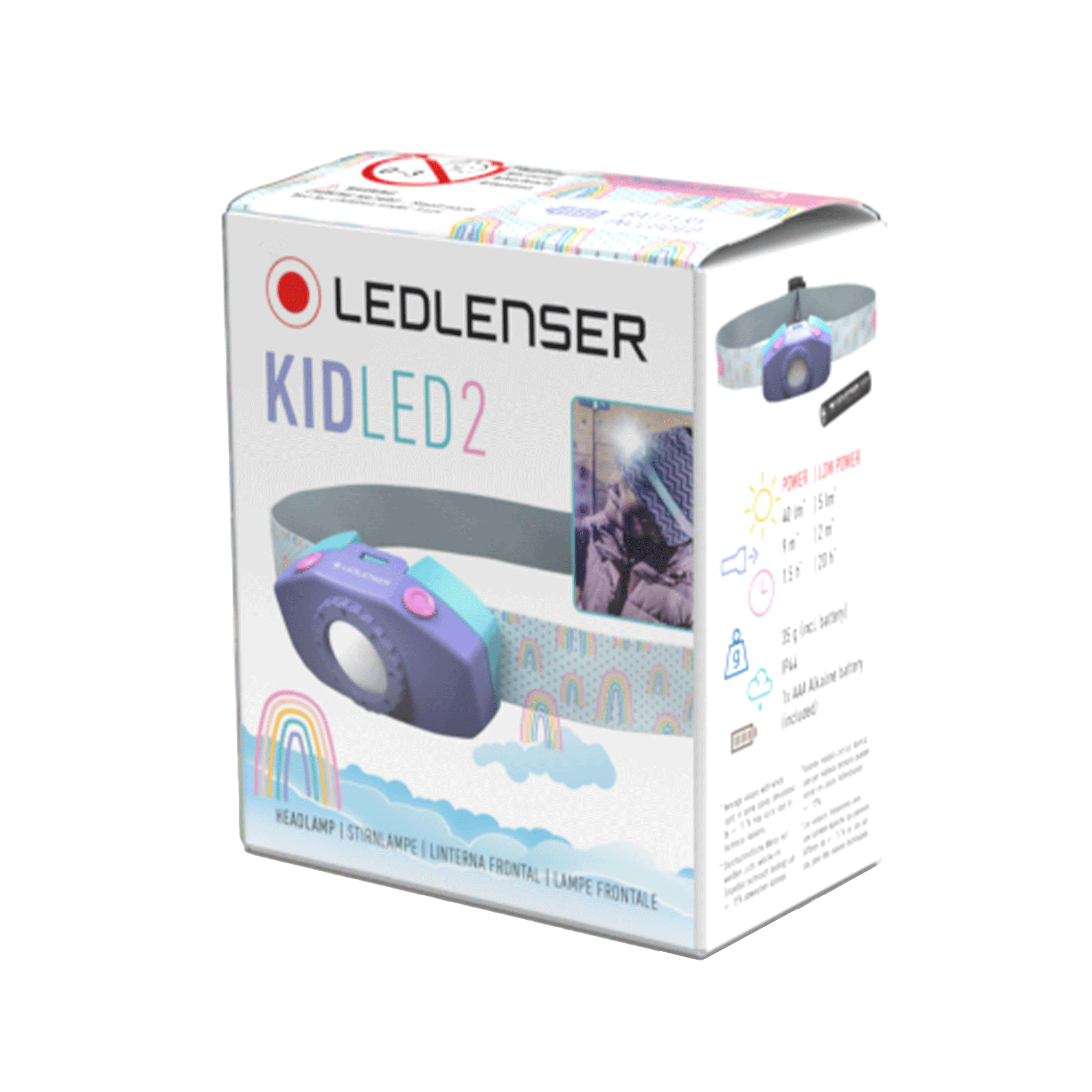 Ledlenser KidLED2 Headlamp packaging box showing a purple headlamp and colorful strap design on the front