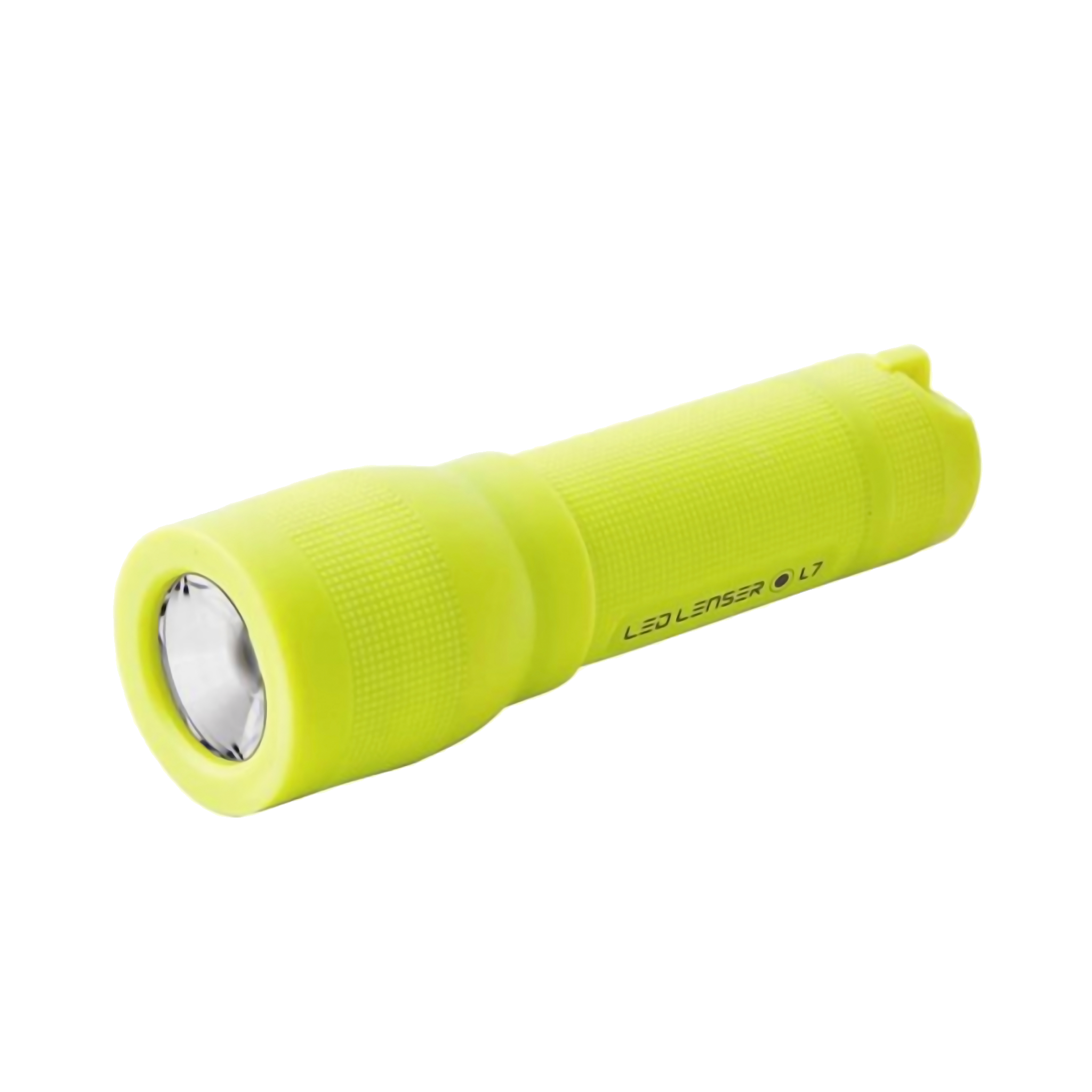 Ledlenser L7 Yellow Torch viewed from a slight angle showing a compact yellow handheld flashlight with textured grip