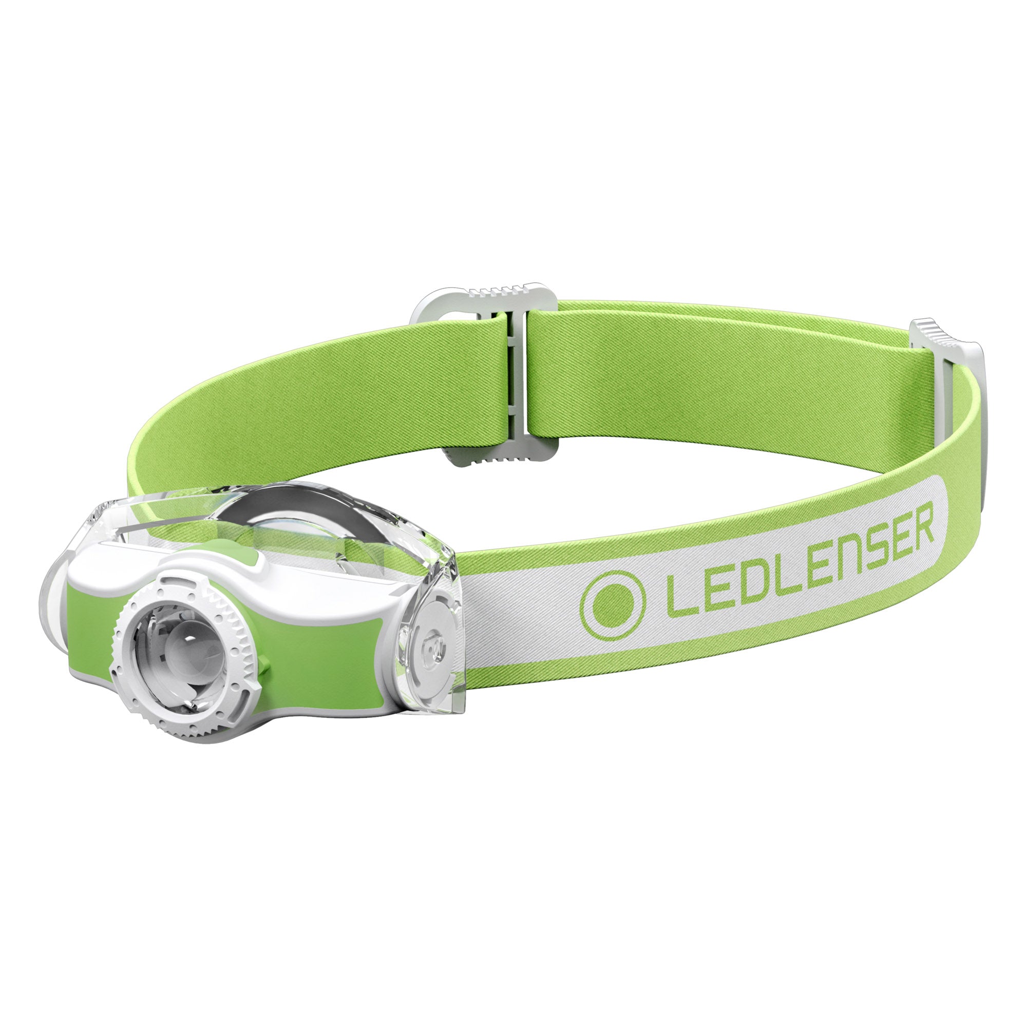 MH5 Rechargeable Headlamp by Ledlenser with green and white headband and adjustable strap front facing lamp housing