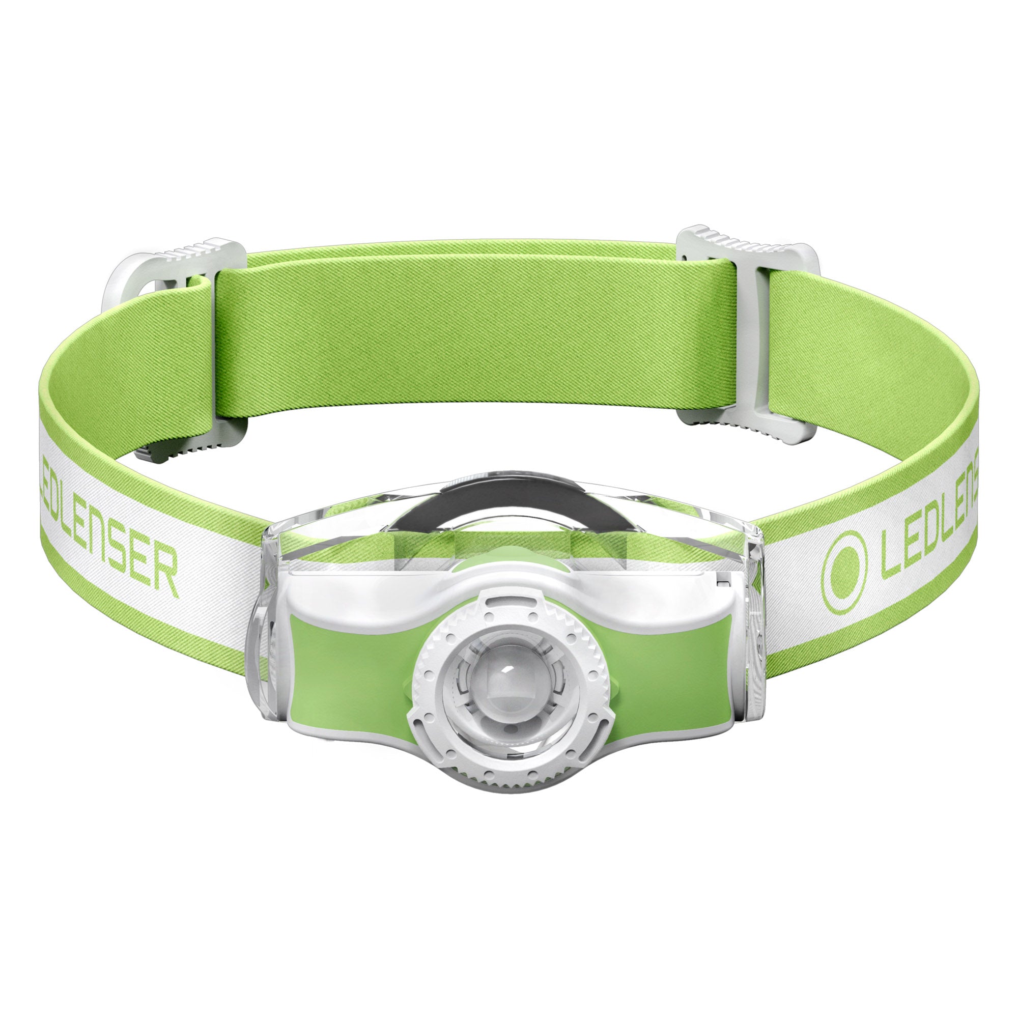 MH5 Rechargeable Headlamp by Ledlenser with lime green headband and adjustable strap front mounted white and green LED housing shown head on