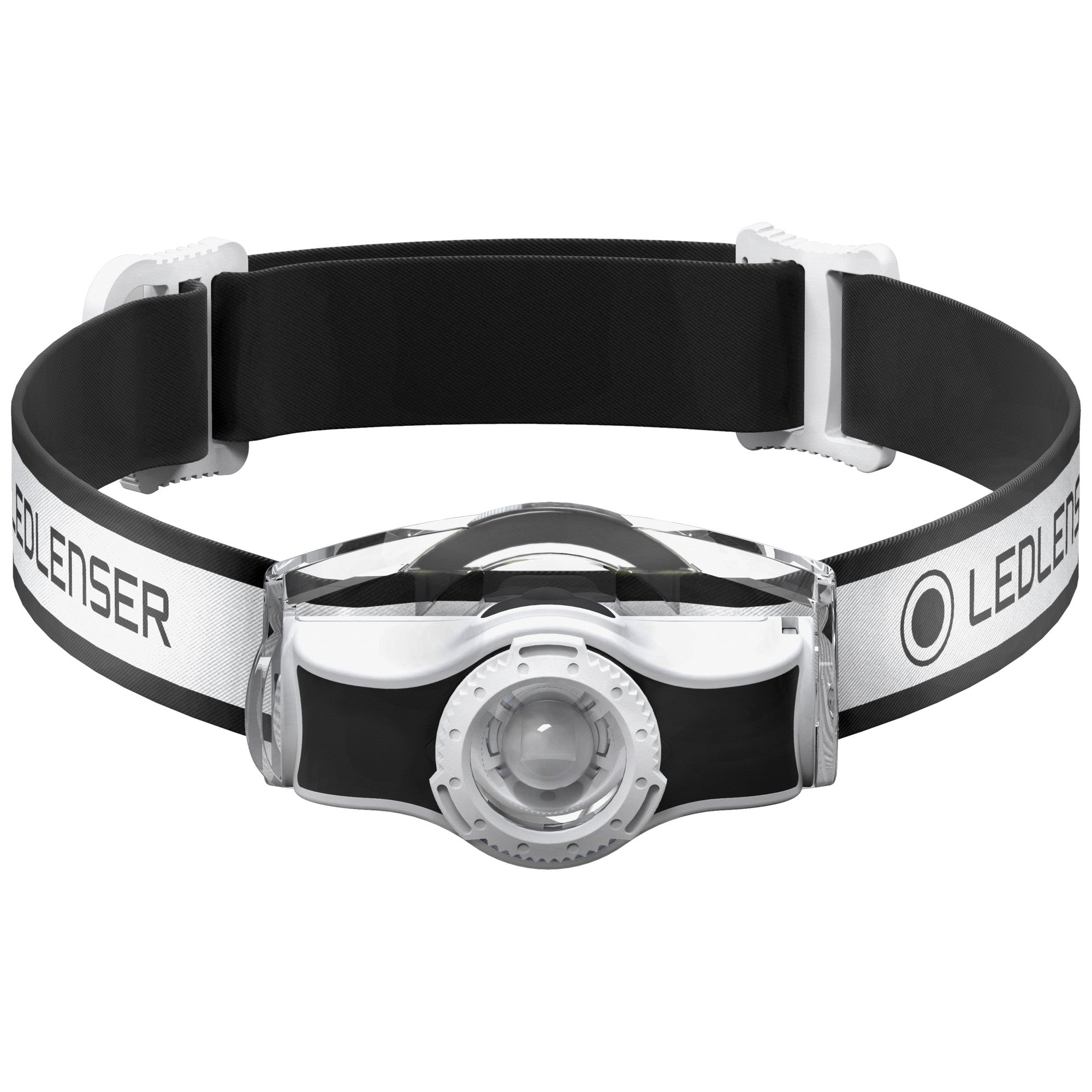 MH5 Black Rechargeable Headlamp by Ledlenser on a white and black headband with front lens