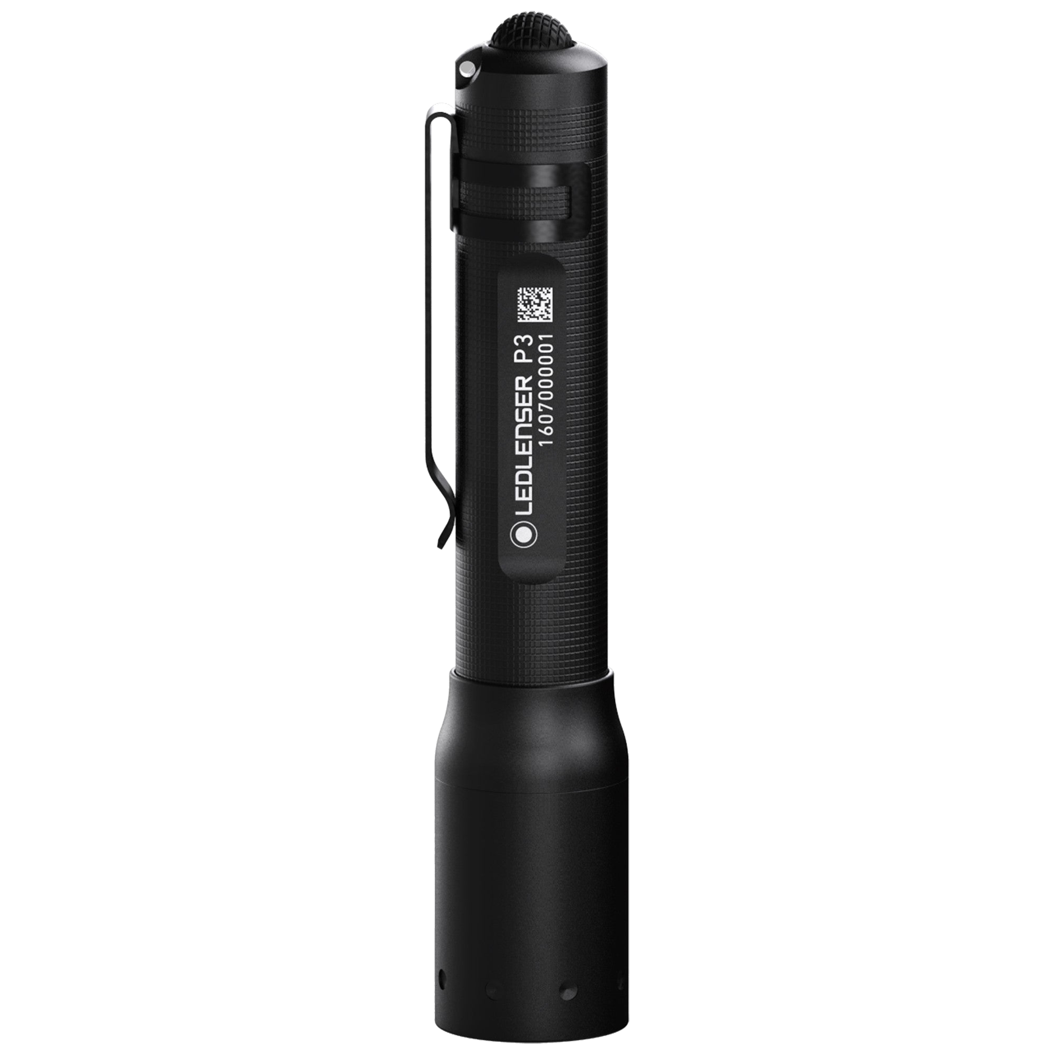 Ledlenser P3 battery operated torch standing upright black compact pocket flashlight with metal clip visible
