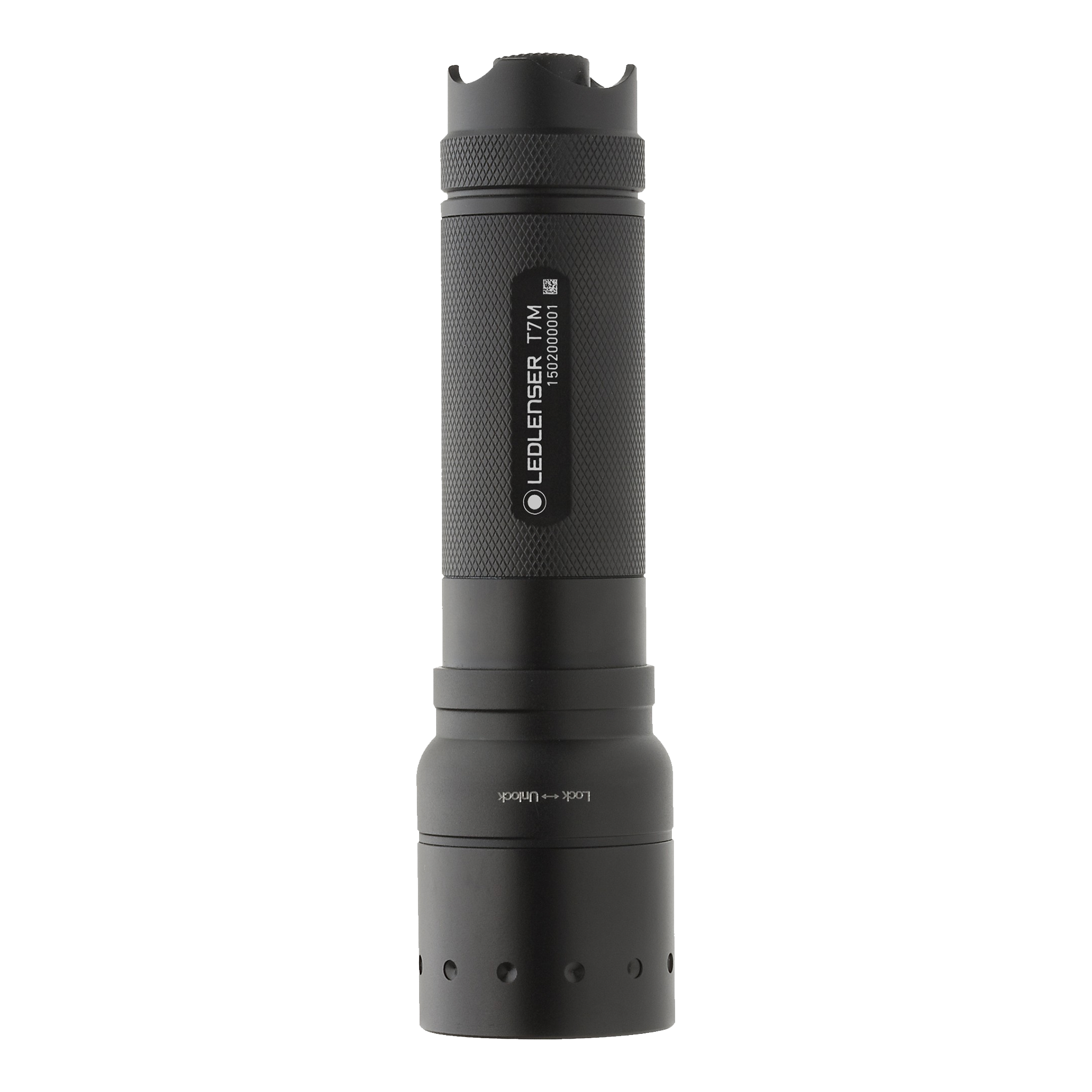 Ledlenser T7M Torch shown upright black knurled handheld flashlight with textured grip and tail cap