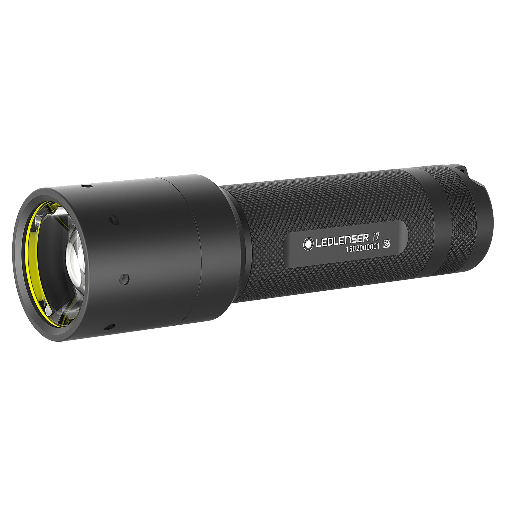 Ledlenser i7 Torch black compact flashlight with knurled grip and yellow lens ring side view