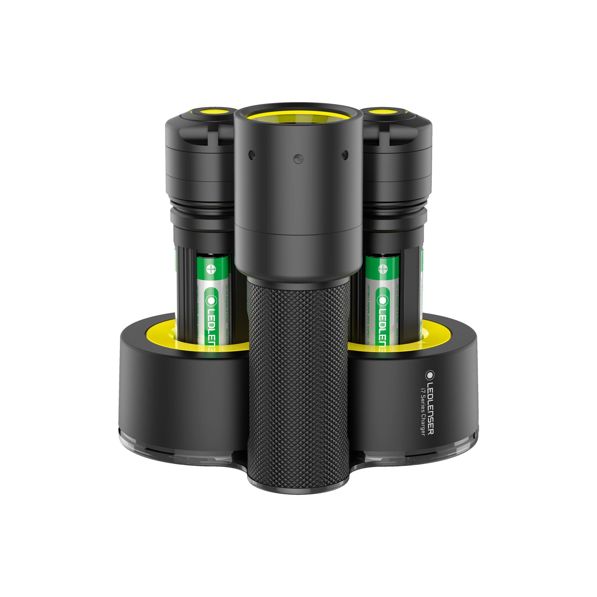 i7R Rechargeable Torch in a triple bay charging dock with two removable batteries black knurled handle and yellow lens area