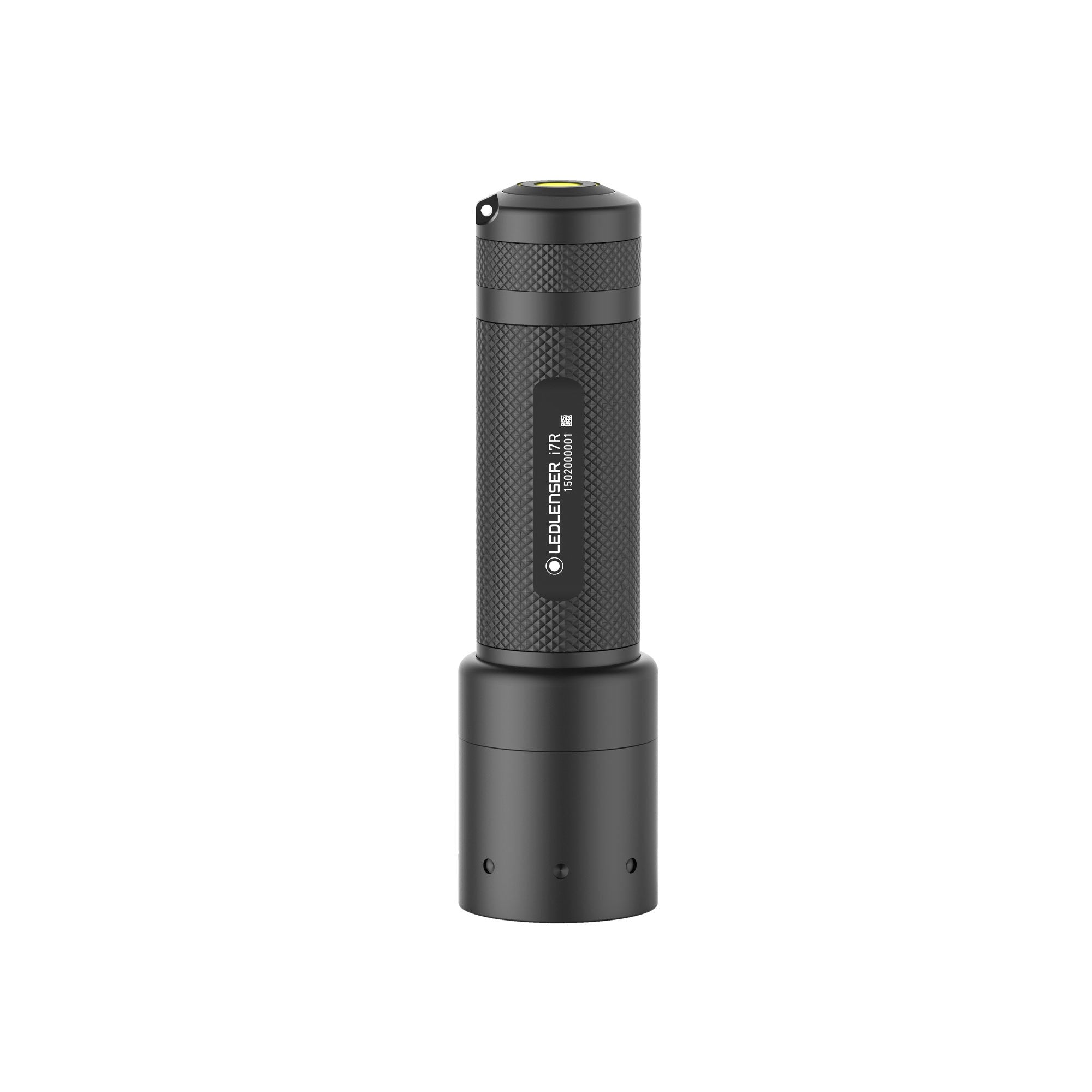 Ledlenser i7R Rechargeable Torch shown upright with textured black body and detachable base cap