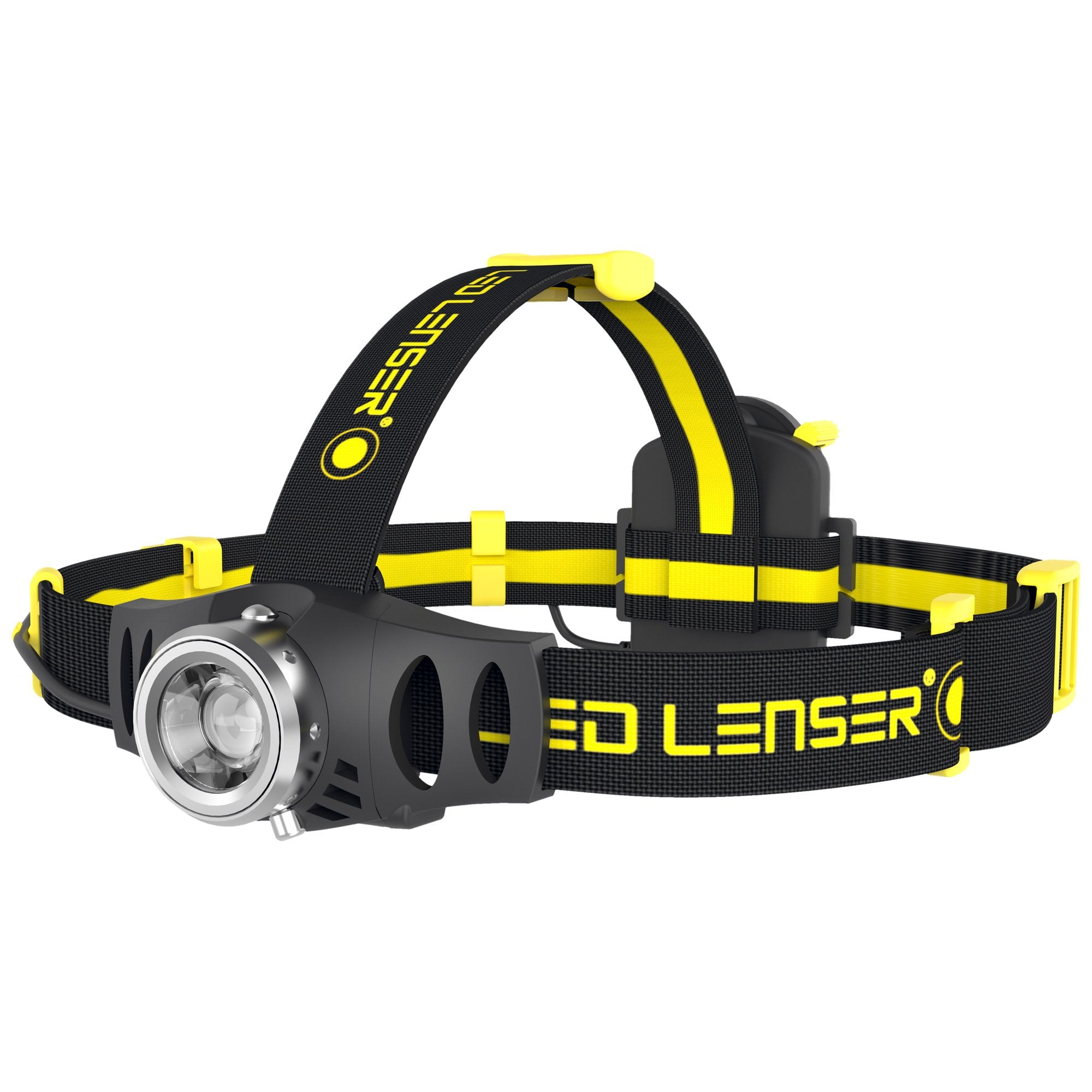 iH6R Rechargeable Headlamp by Ledlenser featuring a black and yellow adjustable headband with front lantern and external battery pack