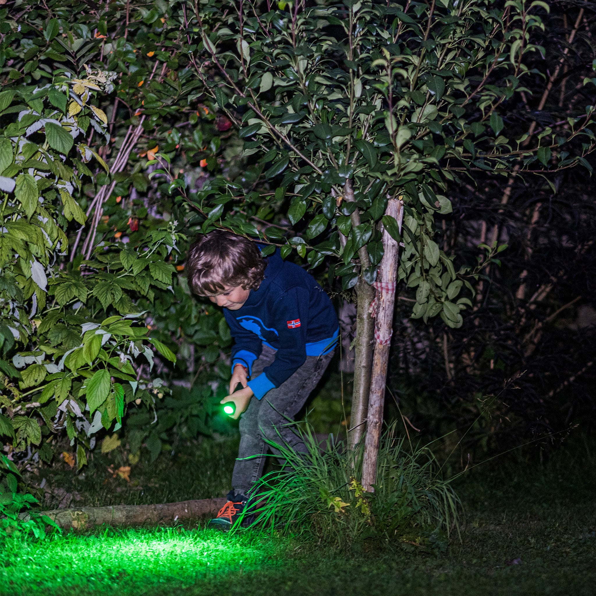 Kidbeam4 Torch being used by a child outdoors at night gripping a green lit torch among grass and bushes