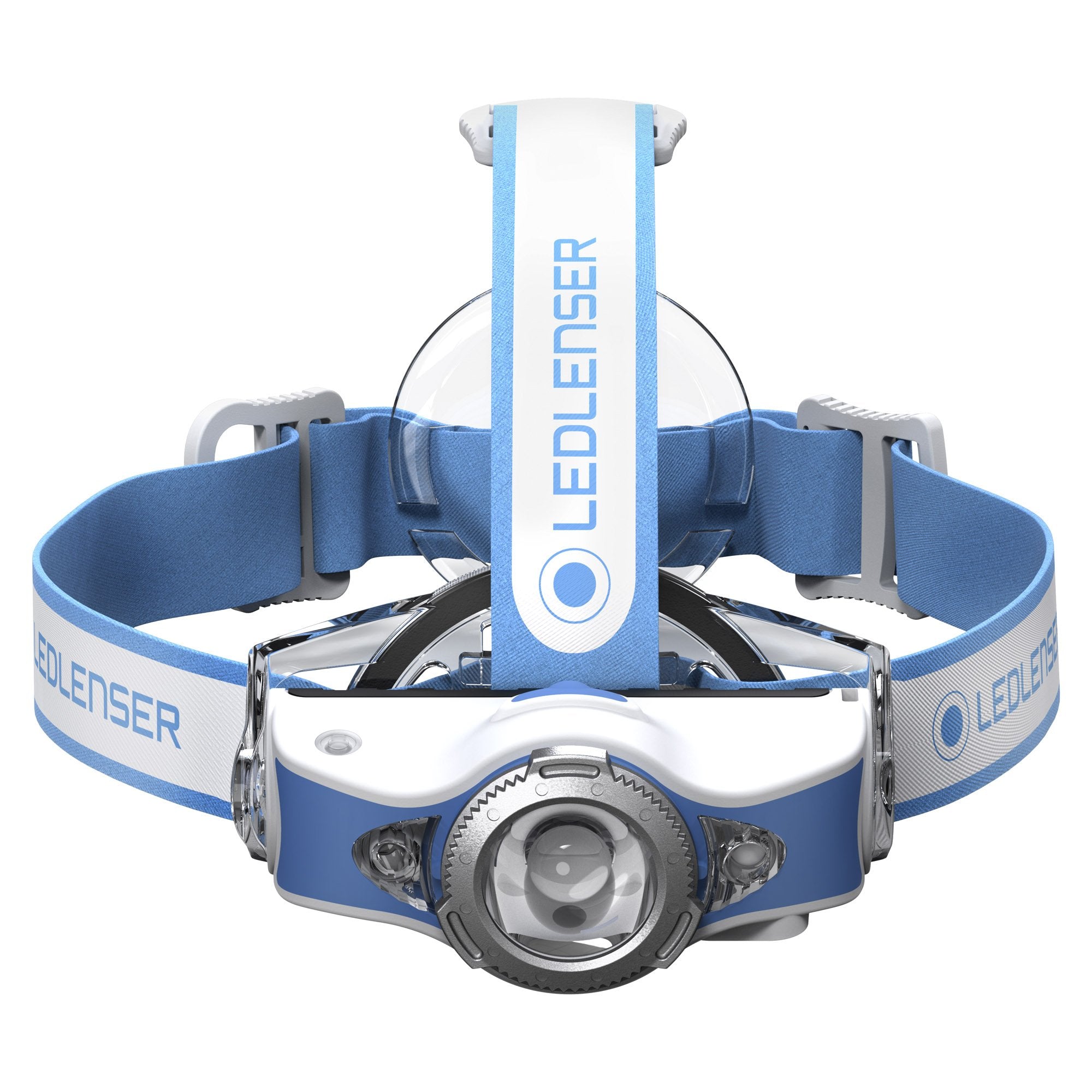 MH11 Blue Outdoor Headlamp by Ledlenser featuring a blue and white headband with adjustable strap and front lamp module