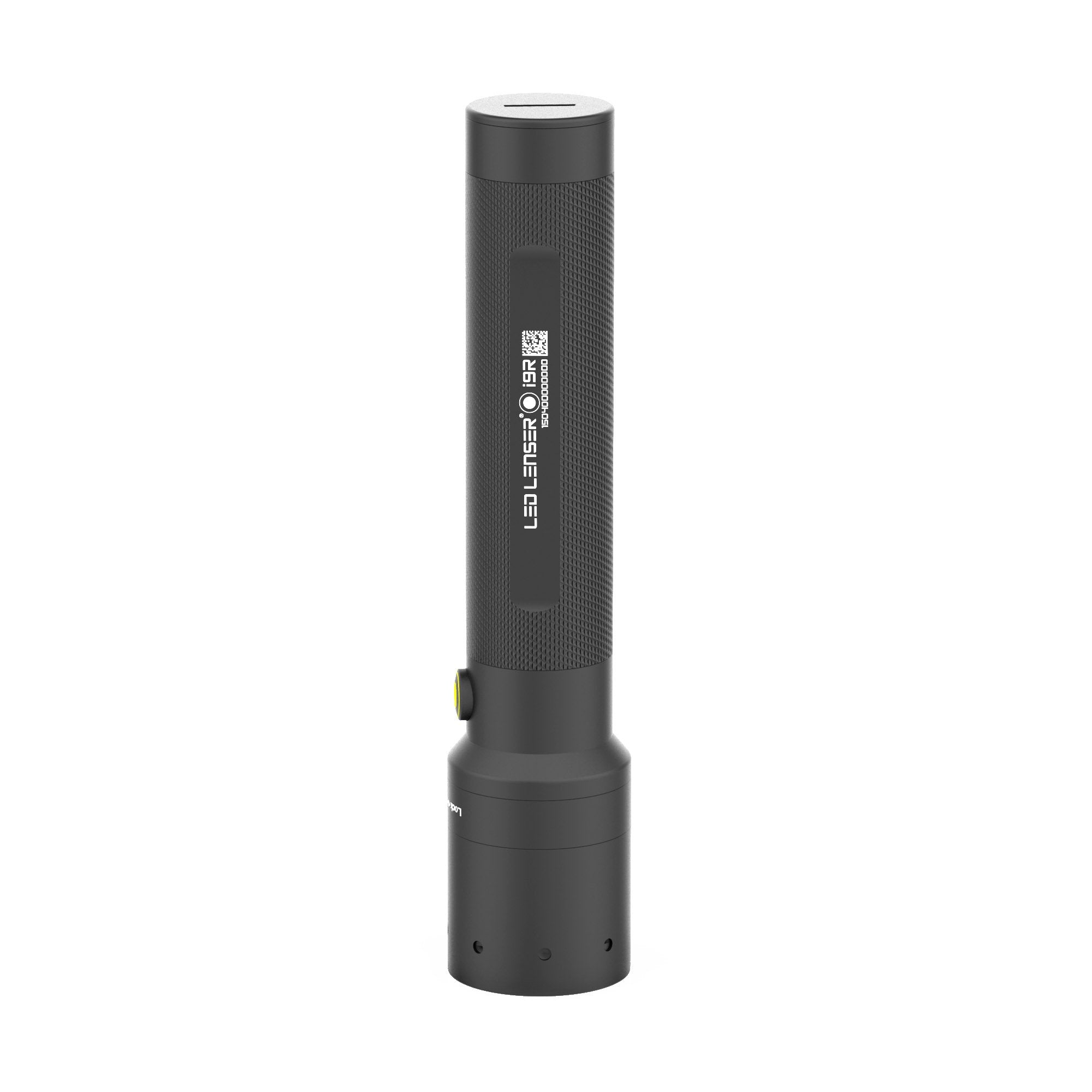 i9R Rechargeable Torch standing upright with a textured black body cylindrical shape and yellow power button on the side