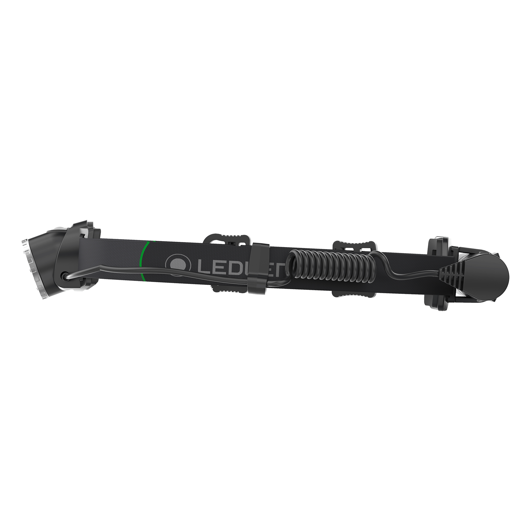 Ledlenser MH10 headlamp in black with green accent shown mounted on a headband with adjustable strap and front beam housing