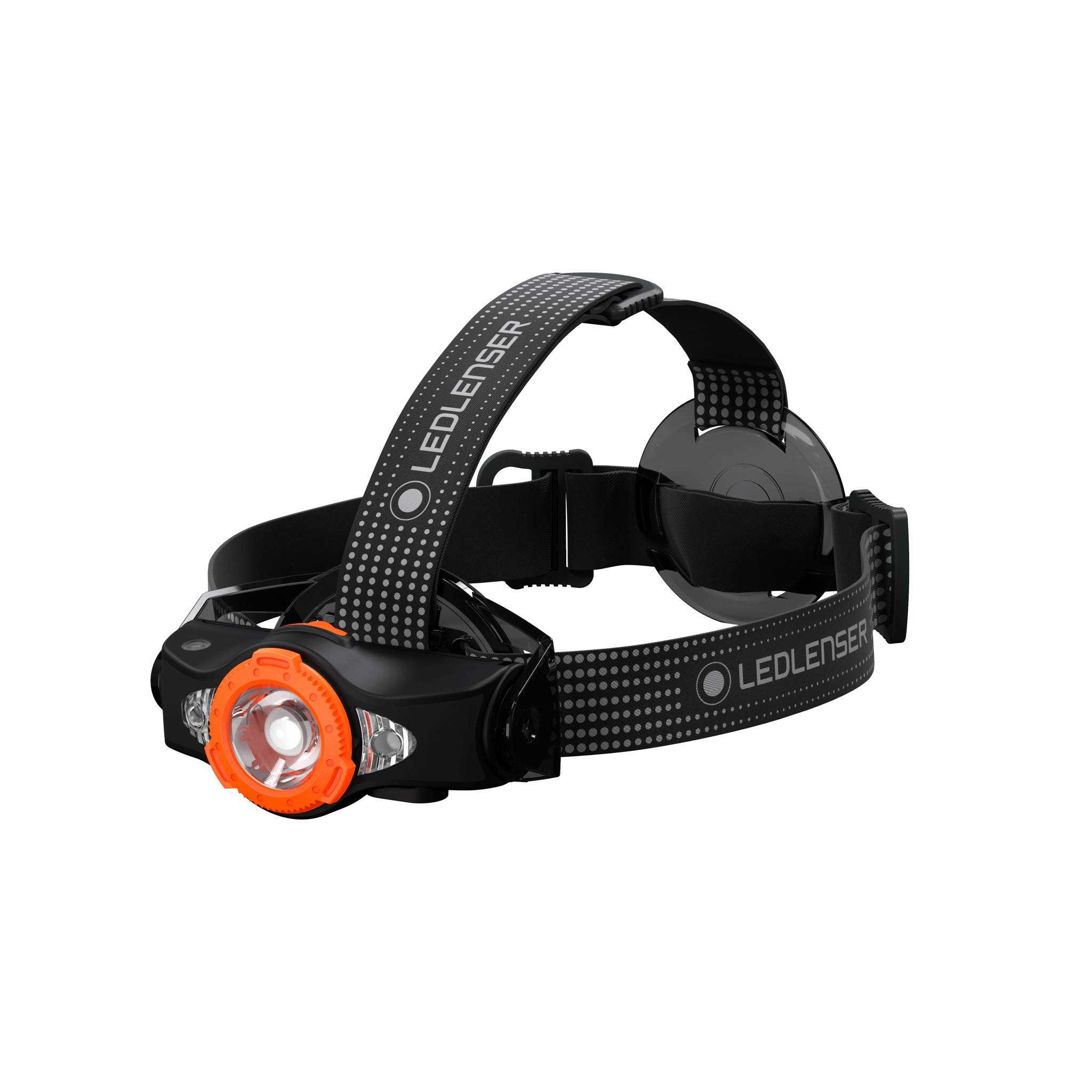 MH11 Outdoor Headlamp by Ledlenser showing black headband with orange front light in a side profile view