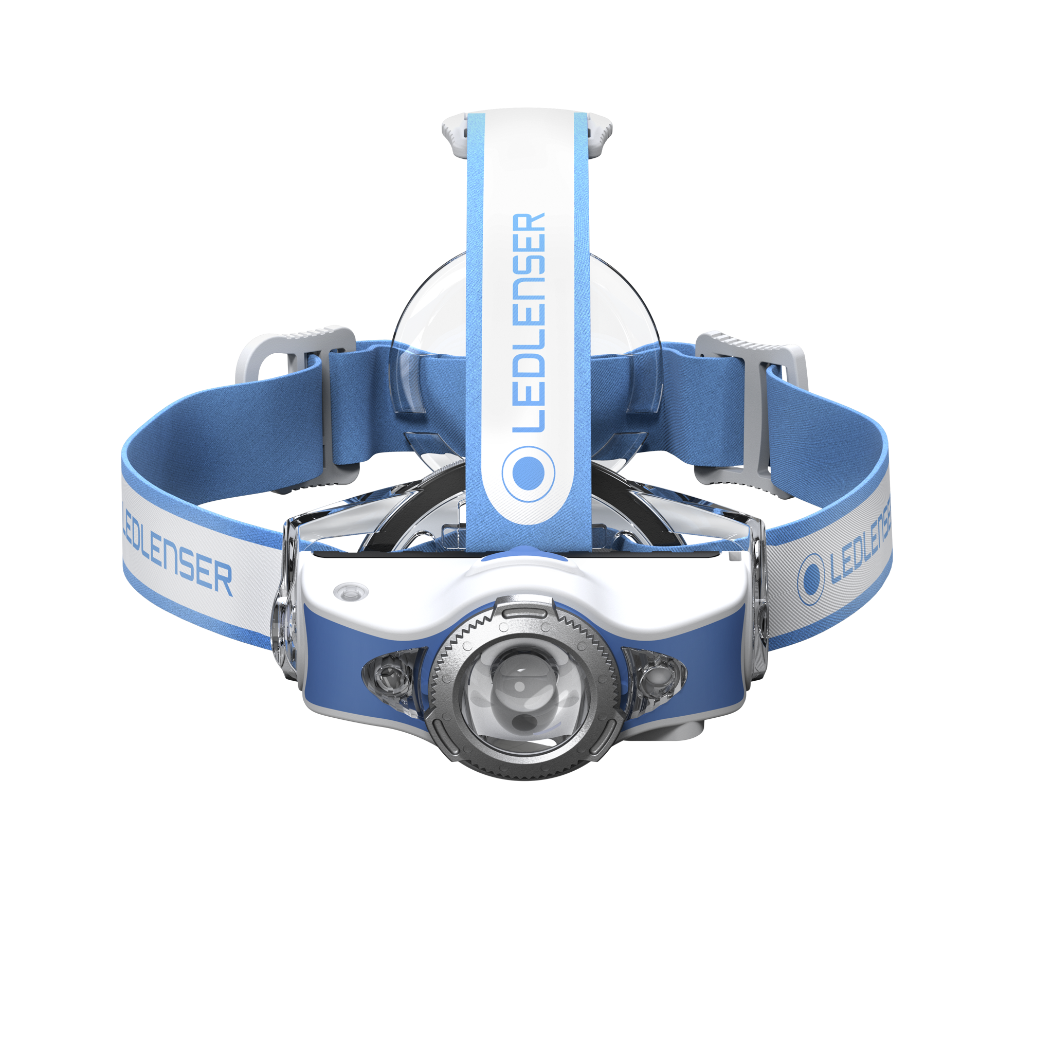 Ledlenser MH11 Outdoor Headlamp with white and blue headband adjustable straps and front illumination module