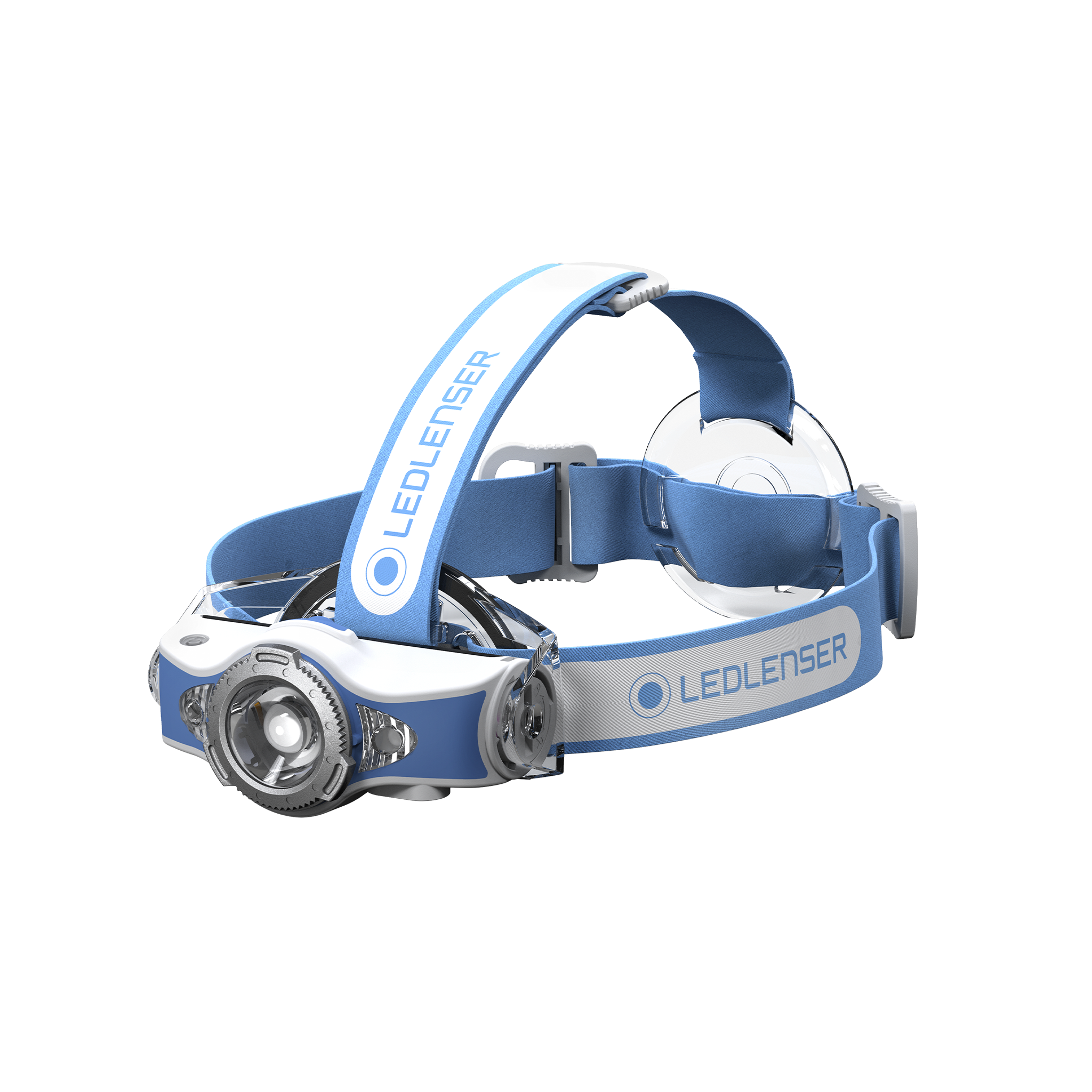 MH11 Outdoor Headlamp by Ledlenser with blue adjustable headband and front mounted light