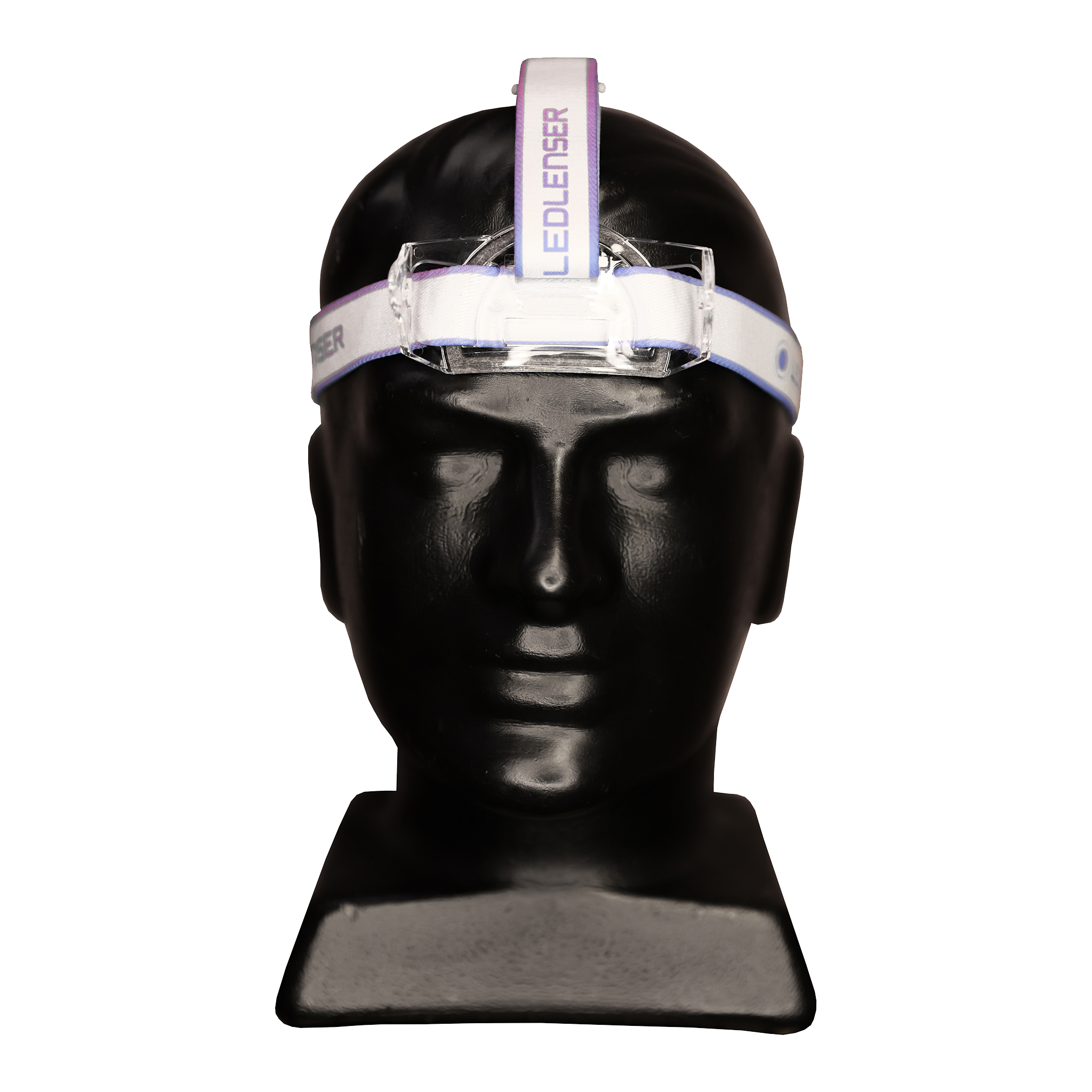 Headstrap Suits MH11 displayed on a black mannequin head with a white blue strap and clear mounting bracket