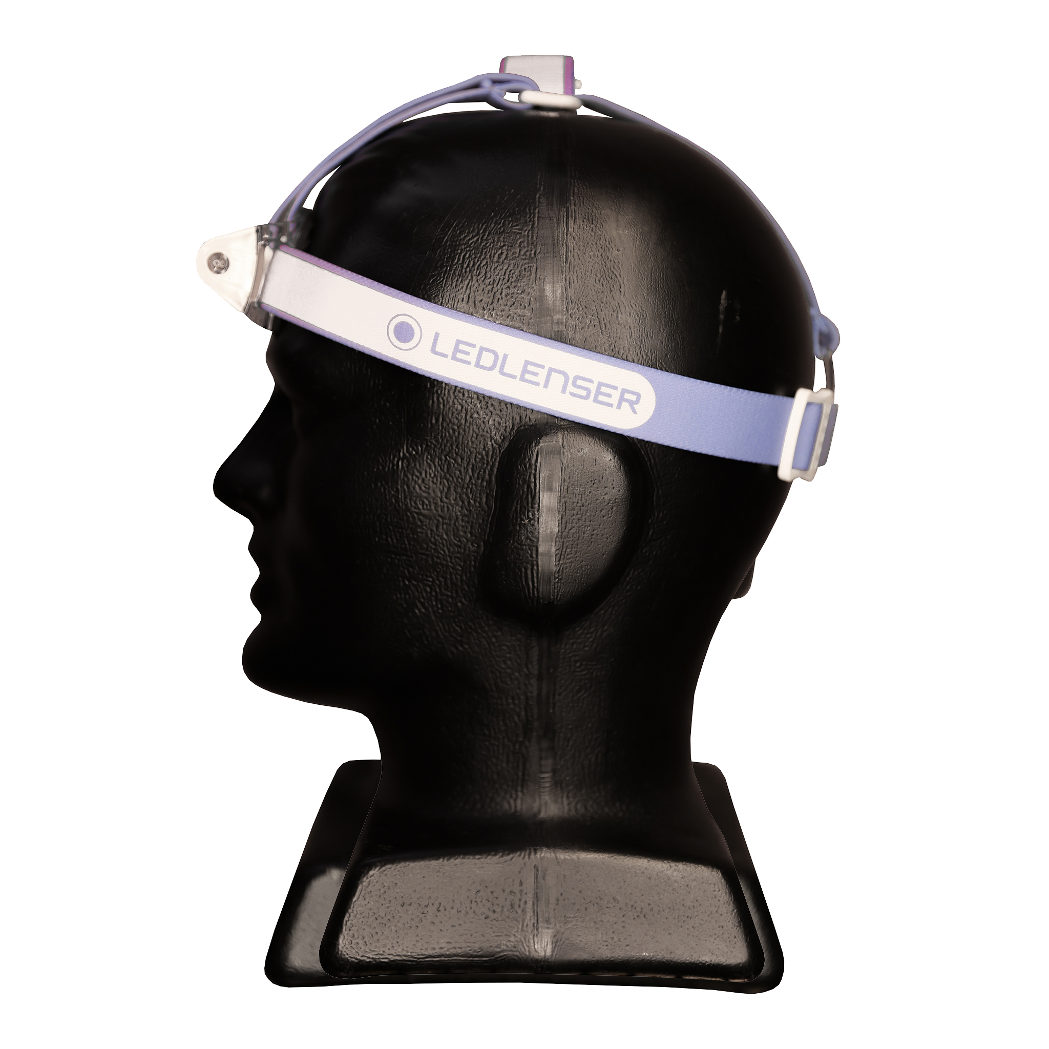 Headstrap for MH11 on a mannequin head; blue and white Ledlenser strap with buckle visible