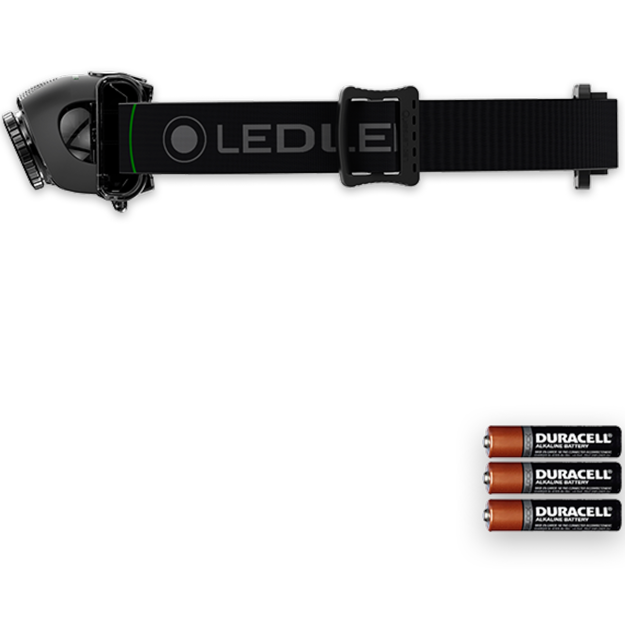 Ledlenser MH2 Headlamp with adjustable strap black body and three Duracell batteries visible on the right