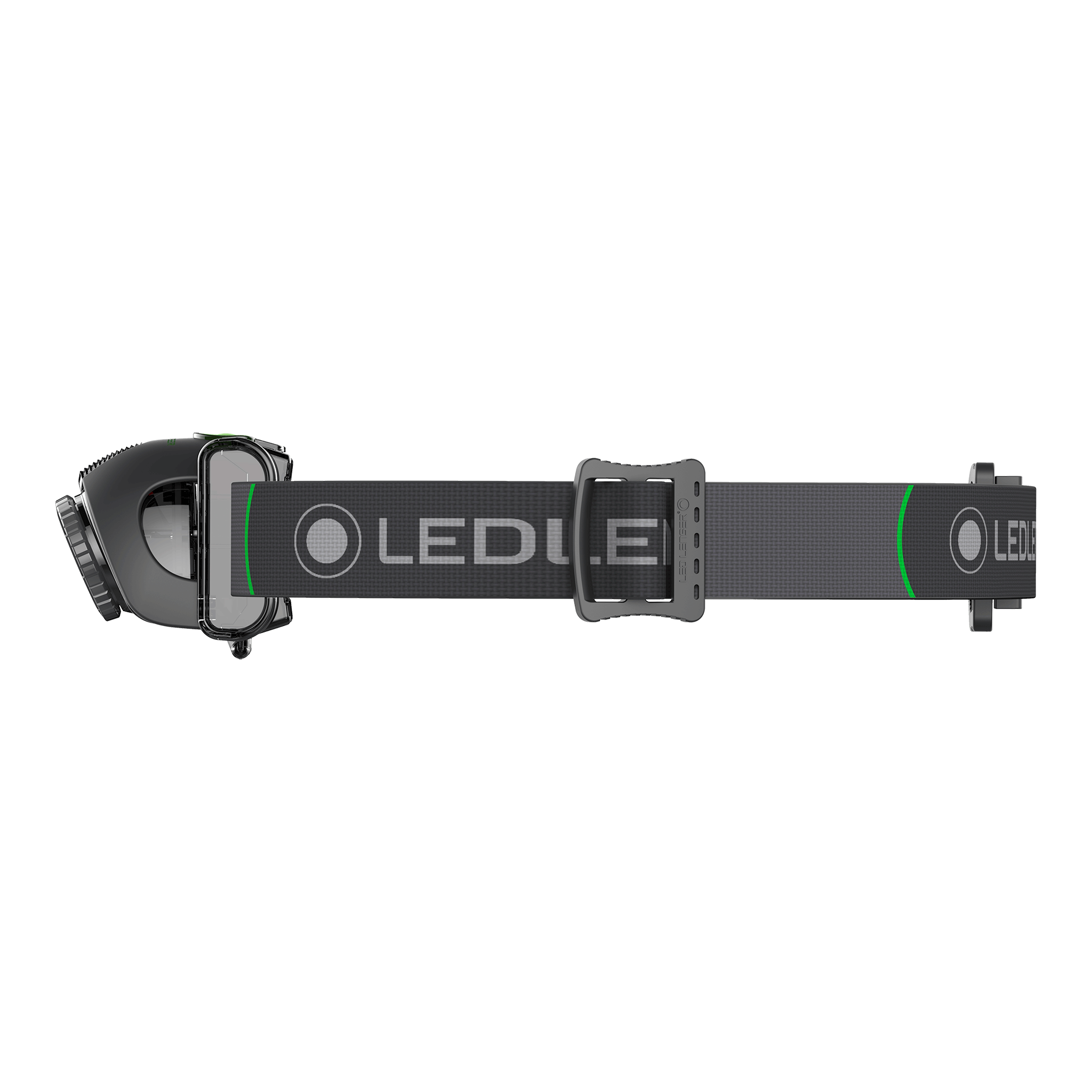 MH2 Headlamp with adjustable grey strap and front light housing side profile showing Ledlenser branding on strap