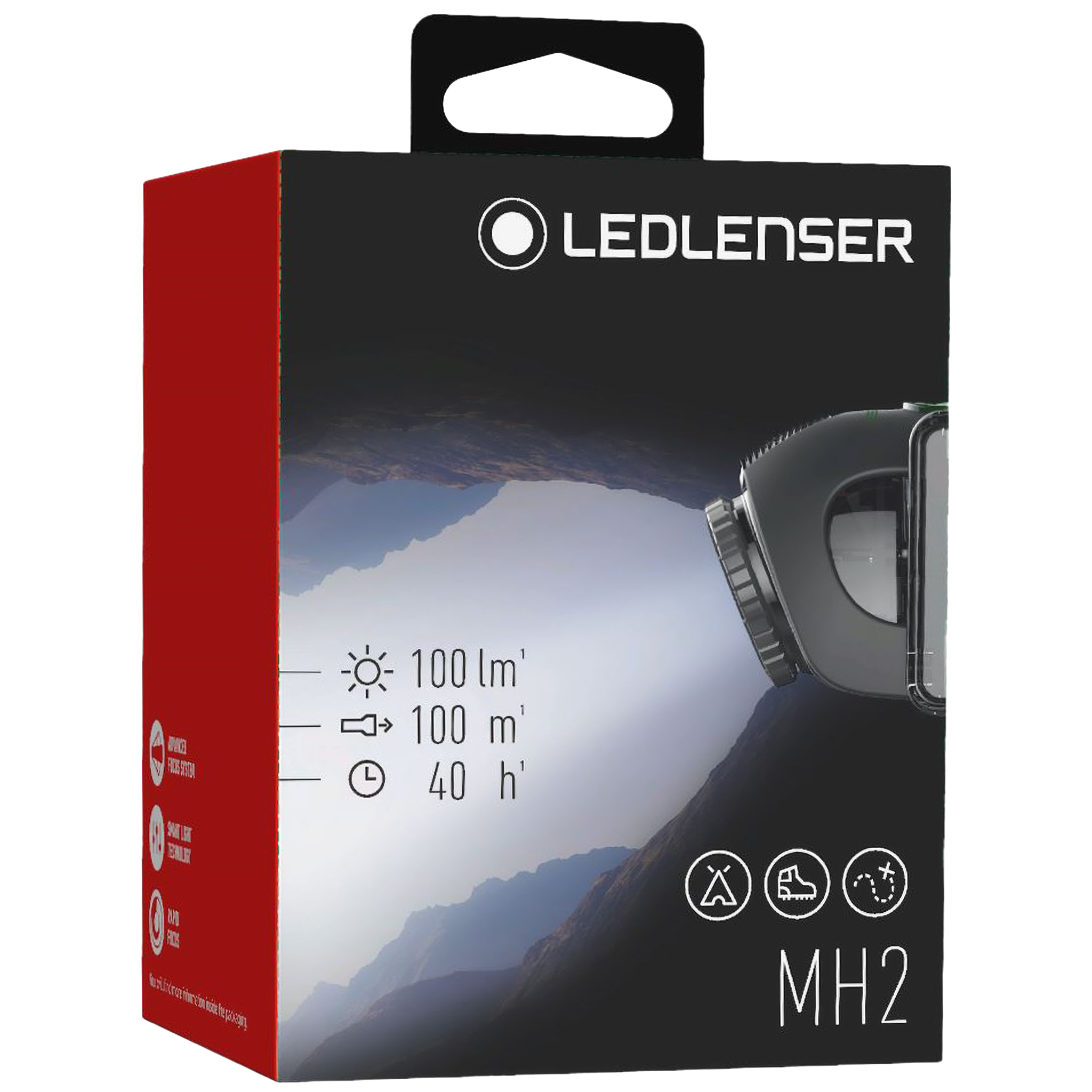 Ledlenser MH2 Headlamp packaging box in black and red with product image and MH2 label