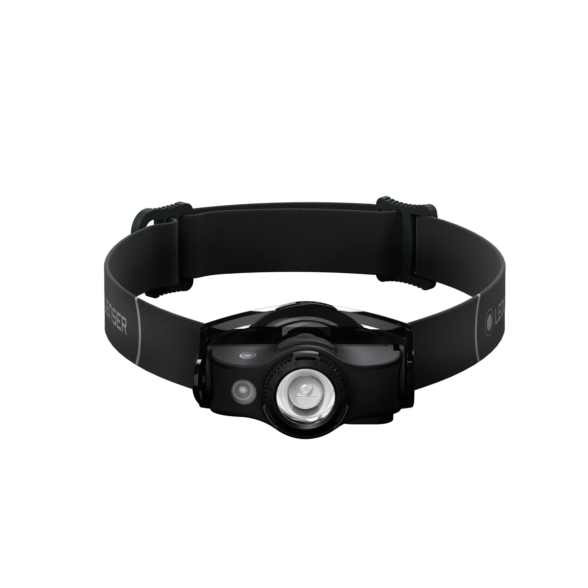 MH4 Powercase Combo headlamp and charging case mounted on a black headband with the compact front light