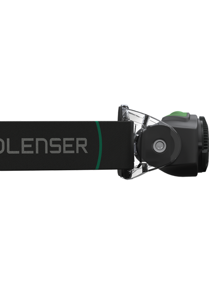 Ledlenser MH4 Black Battery Operated Torch mounted on an adjustable headband with a green accent