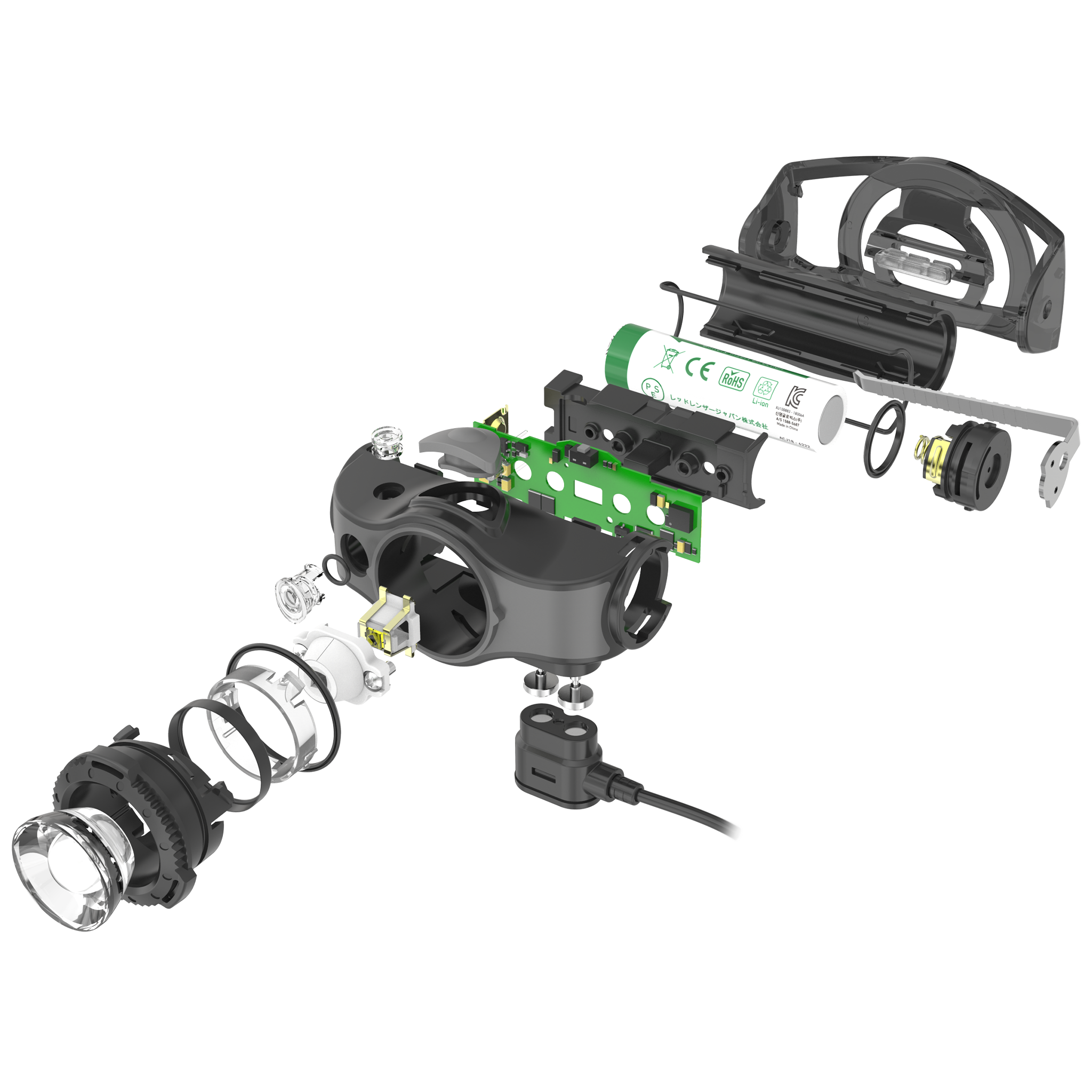 Ledlenser MH5 Outdoor Headlamp exploded view showing internal components including battery pack circuit board LED module housing and strap